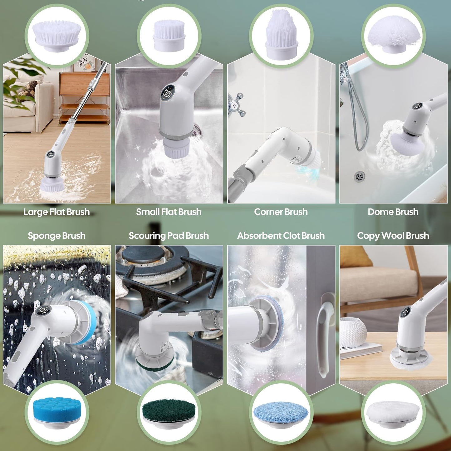 Electric cleaning brush, 9 IN 1 Spin Scrubber Cordless with 8 drill brushes heads, Acemall 152cm Adjustable Handle, 3 speeds for bathroom, bathtub, kitchen, floor, grooves.