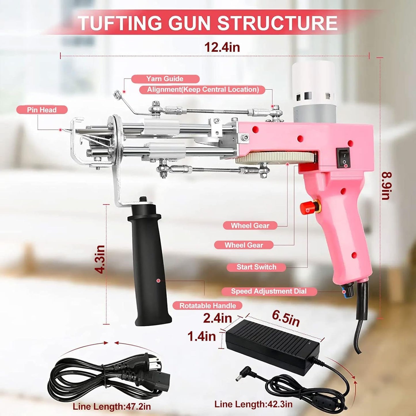 Aomdom Tufting Gun 2 in 1 Electric Tufting Gun with 5-40 steps/s speed and 7-21mm adjustable pile height. Ideal for crafting carpets or clothing in pink color.