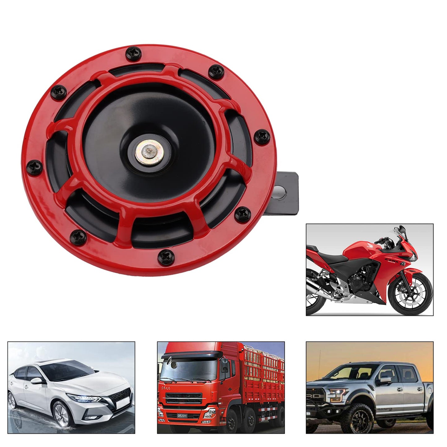 Car horn 12 volt high/low tone dual horn kit with red protective grille. Metal twin horns kit for car motorcycle, red set high/low tone.