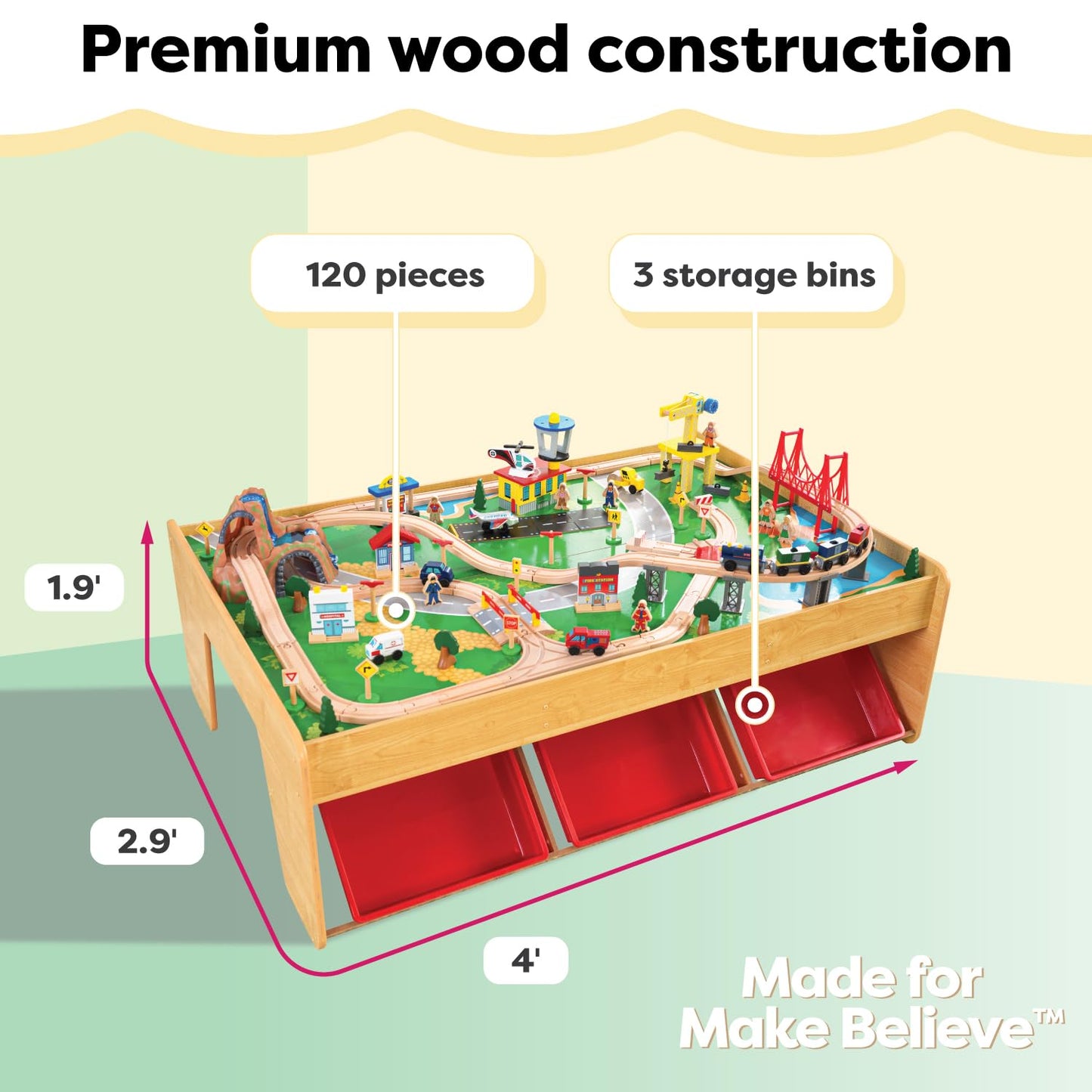 KidKraft Wood Train and Play Table Waterfall Mountain with storage box, train set with accessories and construction vehicles, airplane and train toys for children 3+ years old, 17850