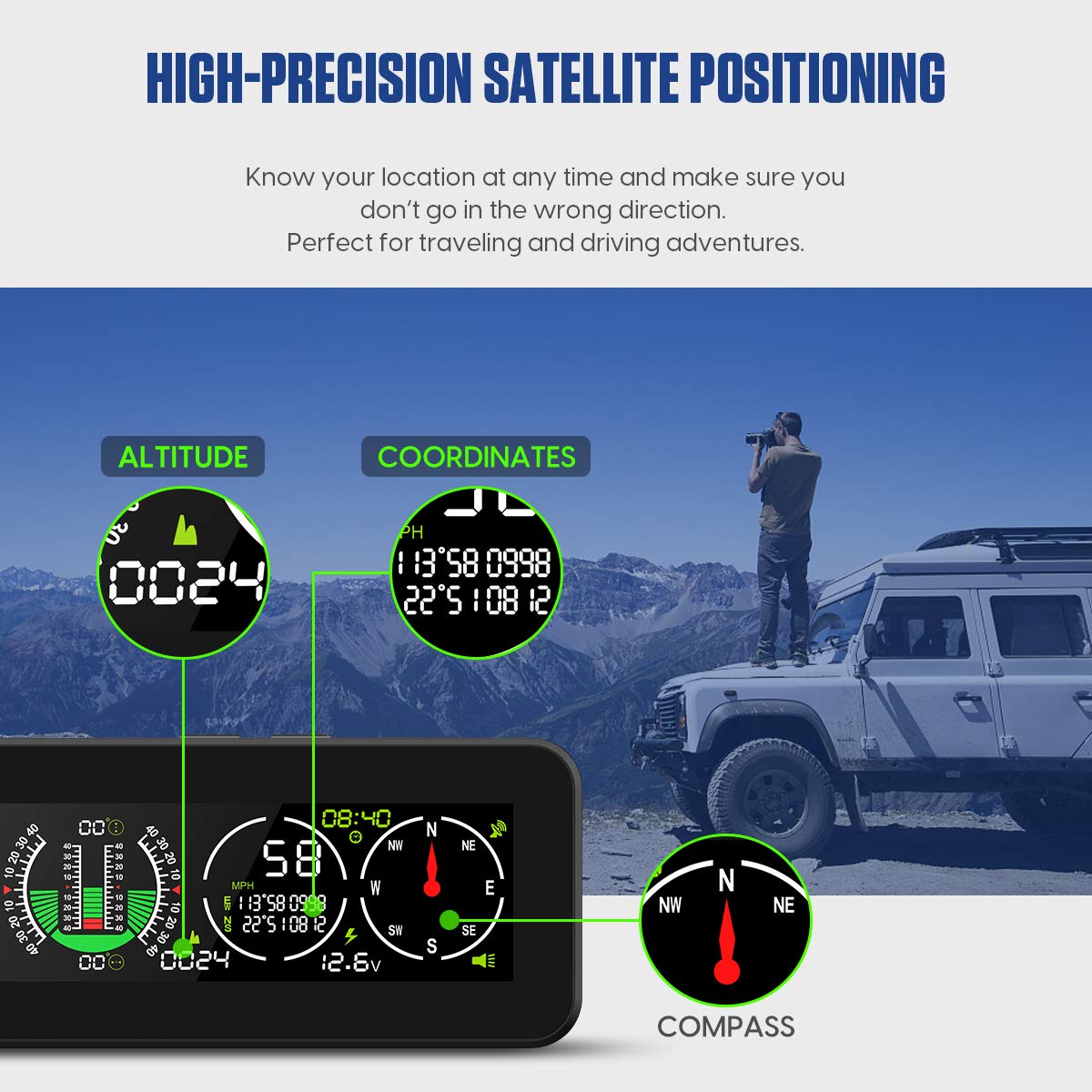 MR CARTOOL M60 Auto Slope Meter Car Digital GPS Speedometer HUD Display Clinometer with Compass for all vehicles SUV Offroad