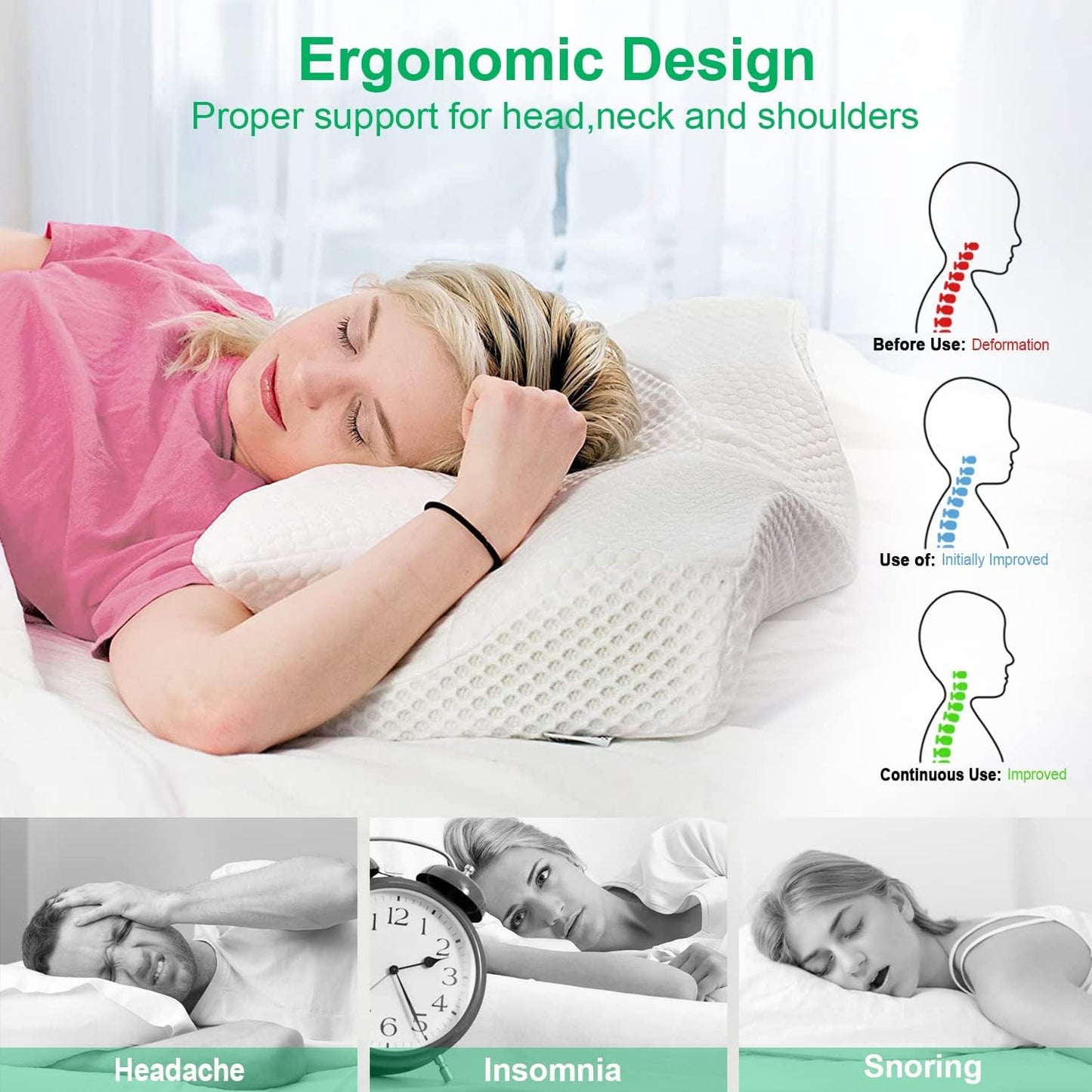 Elviros Orthopedic Memory Foam Pillow, Side Sleeper Pillow Neck Support, Head Pillow Neck Pain, Ergonomic Sleep Pillow for Neck and Shoulder Pain, 64 x 12.5/10.5 x 38cm