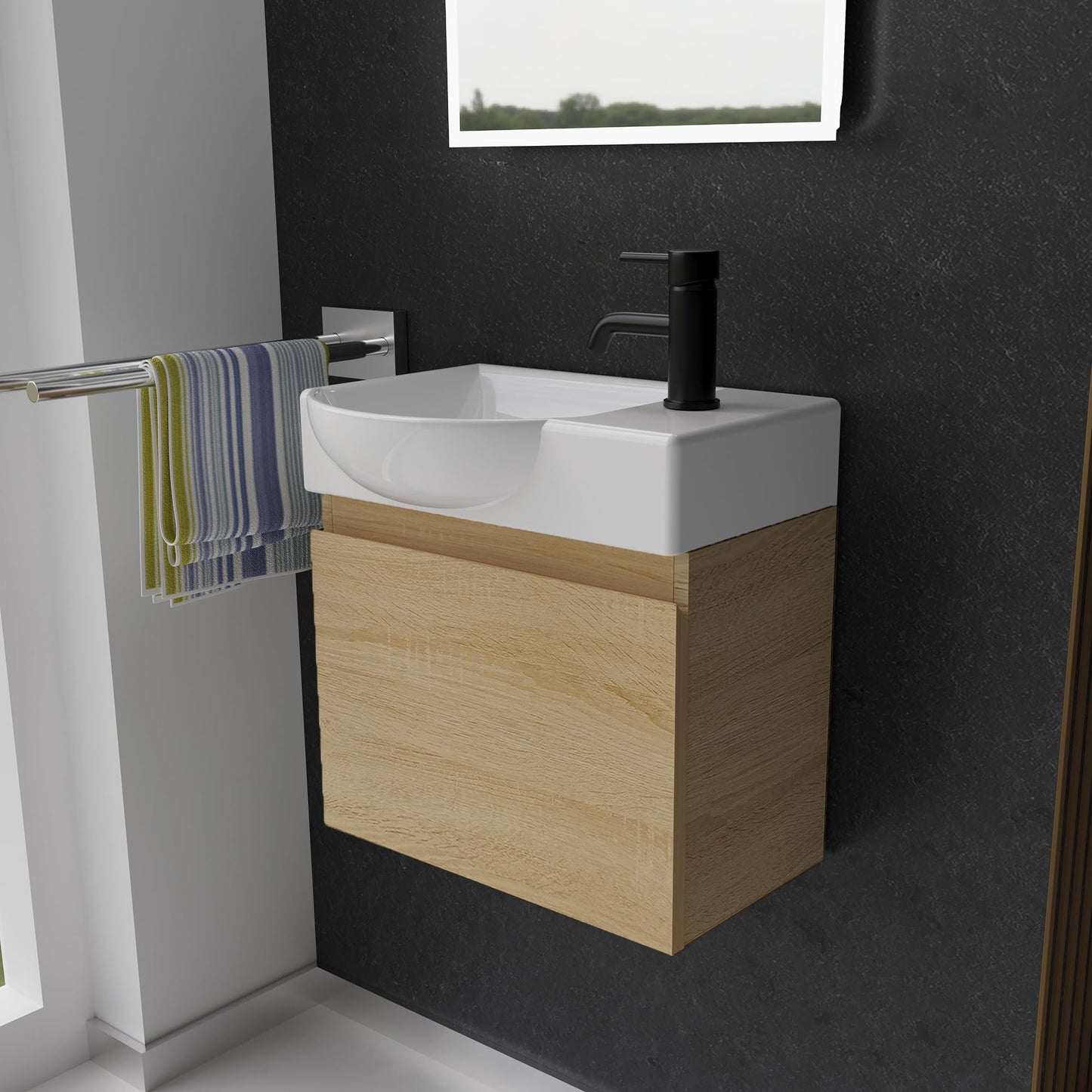 Alpenberger washbasin with cabinet | Guest WC sink small 45 cm wide | Countertop basin with washbasin cabinet | Bathroom hanging cabinet | Light oak washbasin cabinet