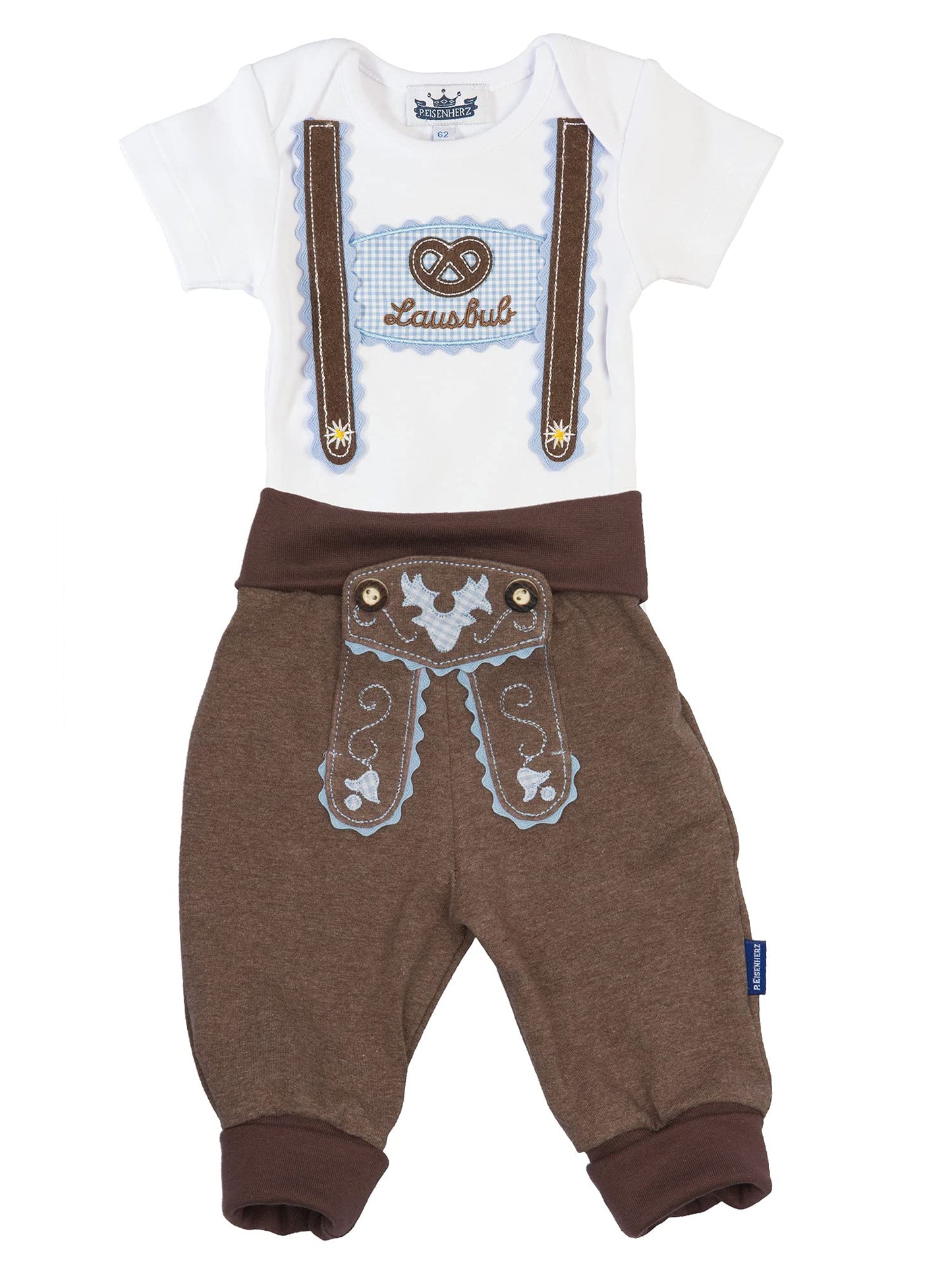 Costume set for little rascals in size 92, consisting of a baby body with short sleeves and suspender applique, and baby jogging pants in a leather pants look, brown - A great gift...