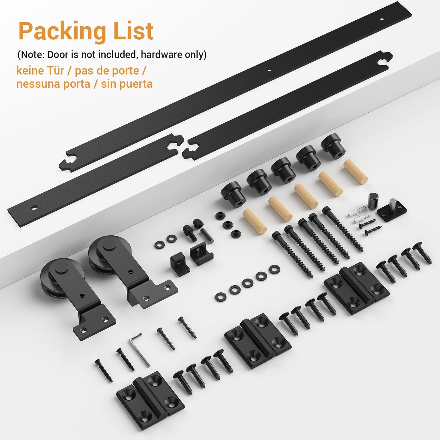 3.3FT (102cm) Bifold Sliding Door Hardware Kit for 2 wooden doors. Includes track, rollers, and top mount T guide in black color.