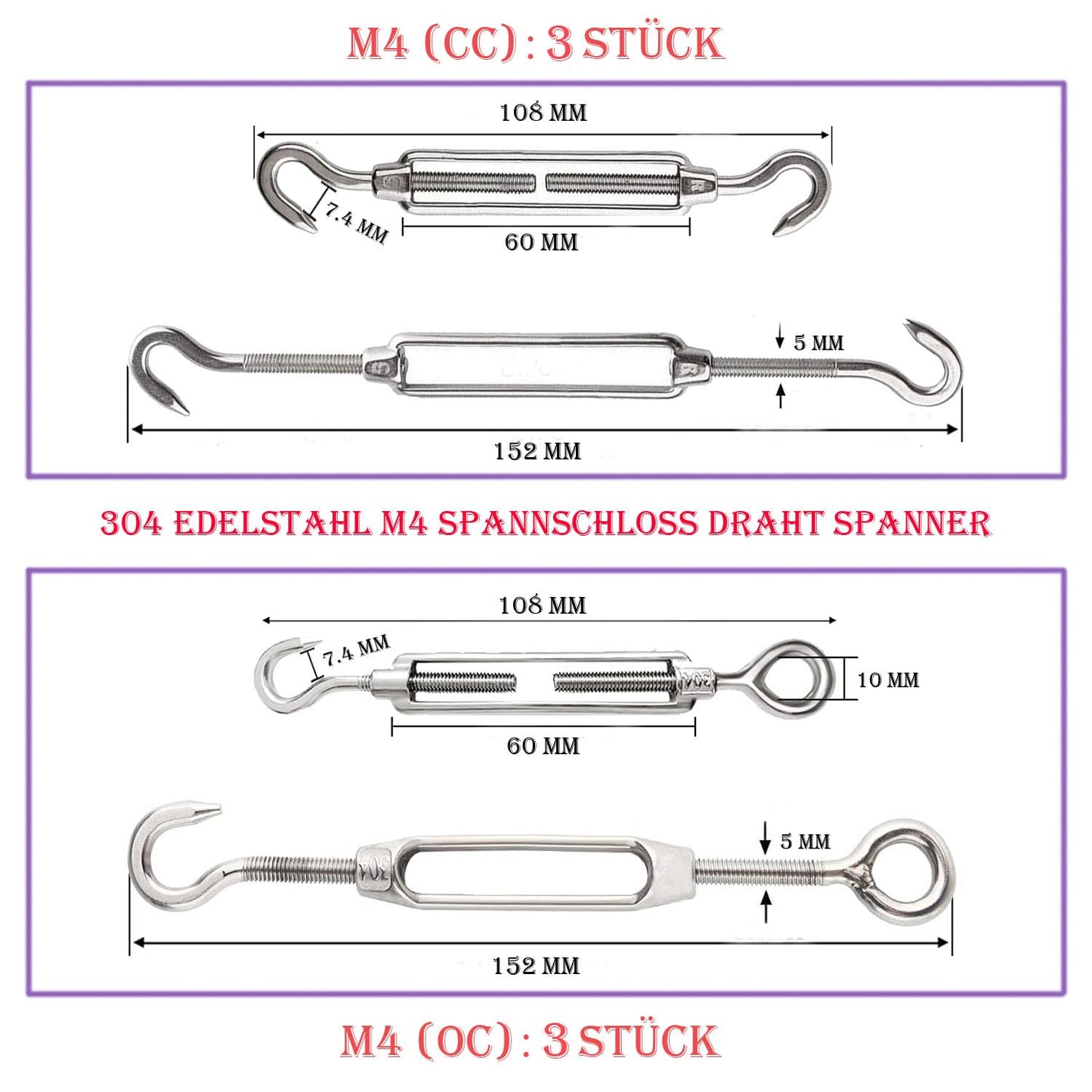 Leaum 30 piece turnbuckle M4 wire tensioner set, with stainless steel turnbuckle M4, 3mm stainless steel wire rope clamp, 3mm wire rope thimble, and 3mm aluminum ferrule for tightening tensioned rope.