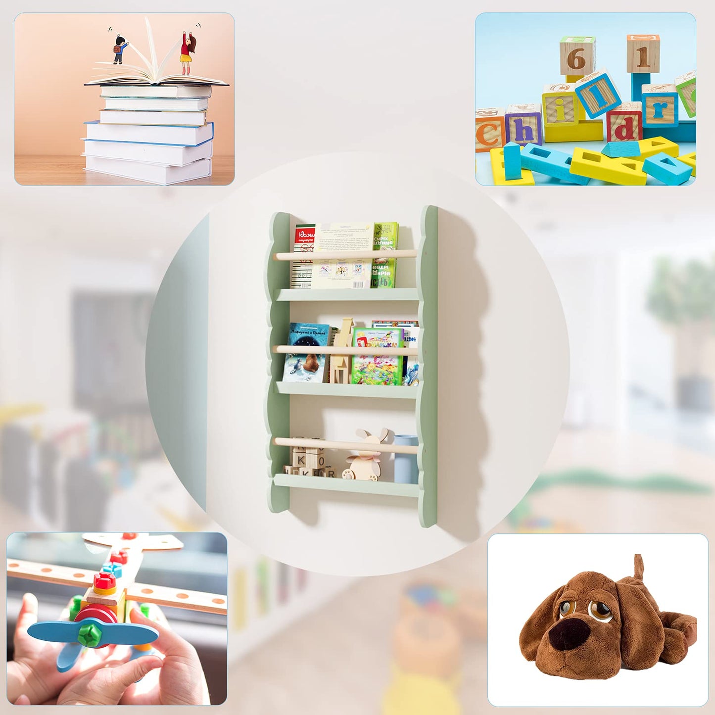 WOLTU Children's Bookshelf Wall, Book Organizer with 3 Shelves, Kids Shelf for Book Storage, Pine Wood E1 MDF Wall Shelf for Children's Room, Green
