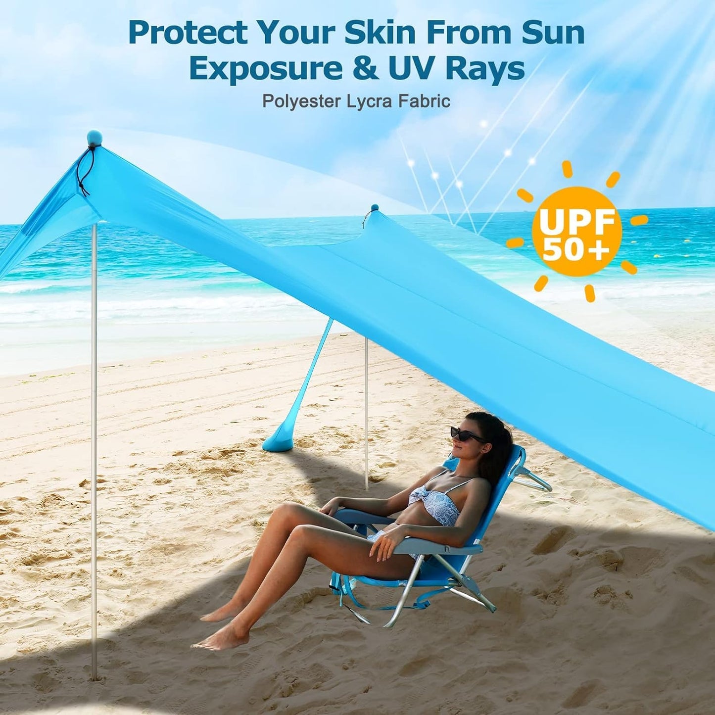 The COMMOUDS sun shade 3M x 3M, UPF50+ beach tent with 4 aluminum poles and sandbags for 6-8 people provides portable sun protection. Easy setup for picnics, outdoor fishing.