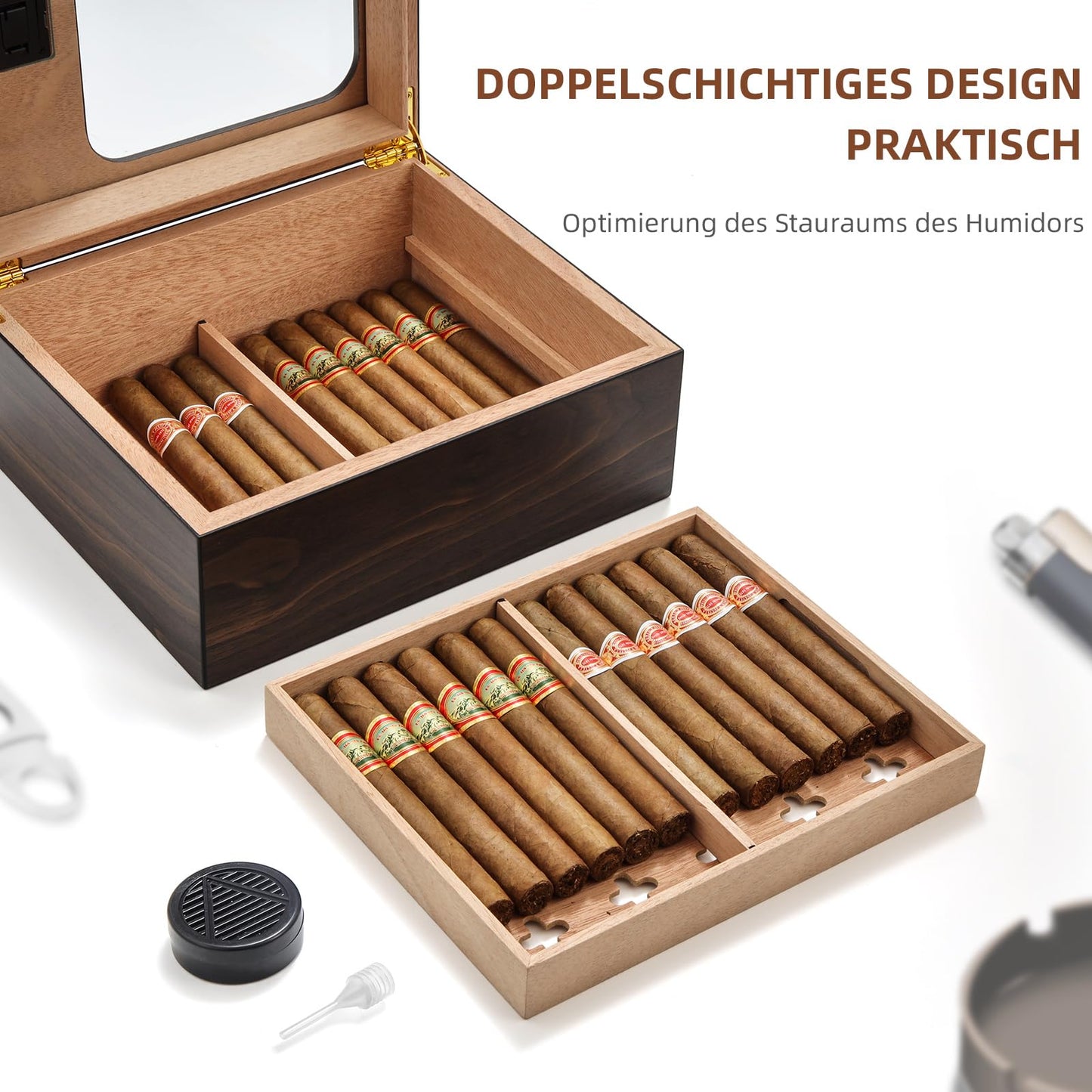 LEACHOI Handcrafted Cigar Humidor, Cigar Humidor Cabinet, Humidor Cigar Moisturizer and Cedar Core, Dividers & Digital Hygrometer, Men's Gifts Cigar Accessories