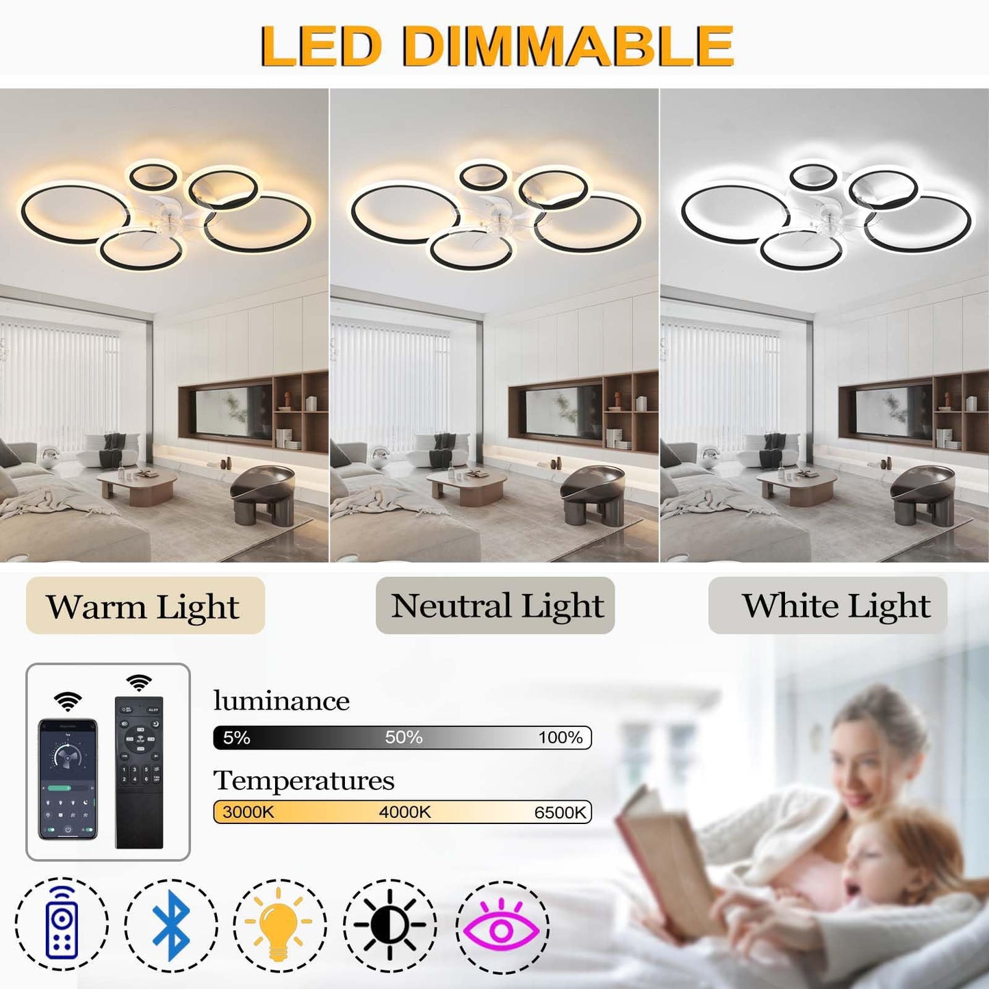 YUNZI Modern Ceiling Fan with Light, LED 72W Dimmable Ceiling Fan Light, Ceiling Fan Lamp for Living Room Bedroom Kitchen, 6 Speeds, White 100cm