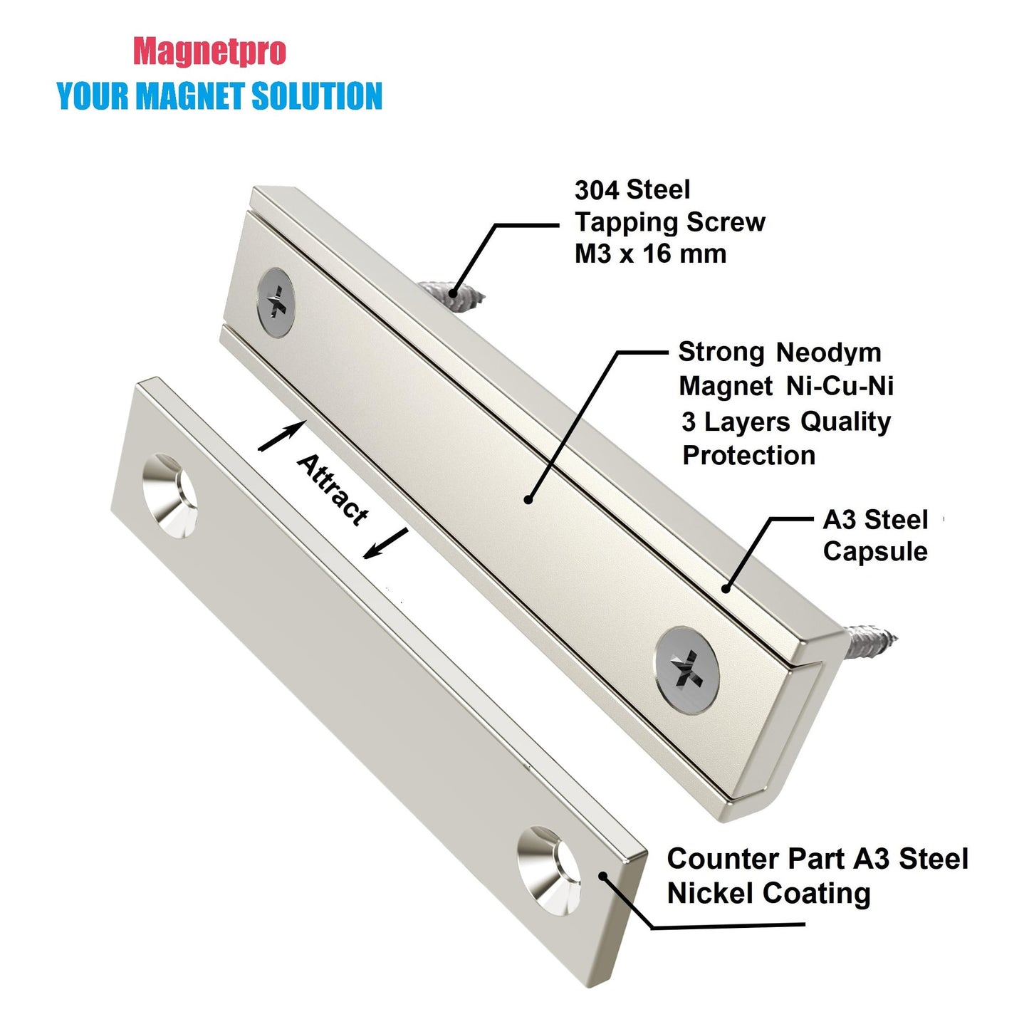 MagneticPro 6pcs Rectangle Magnets 30kg Force 60x13.5x5mm with Countersunk Holes and Steel Cup, Household and Industrial Pot Magnet with Screws.