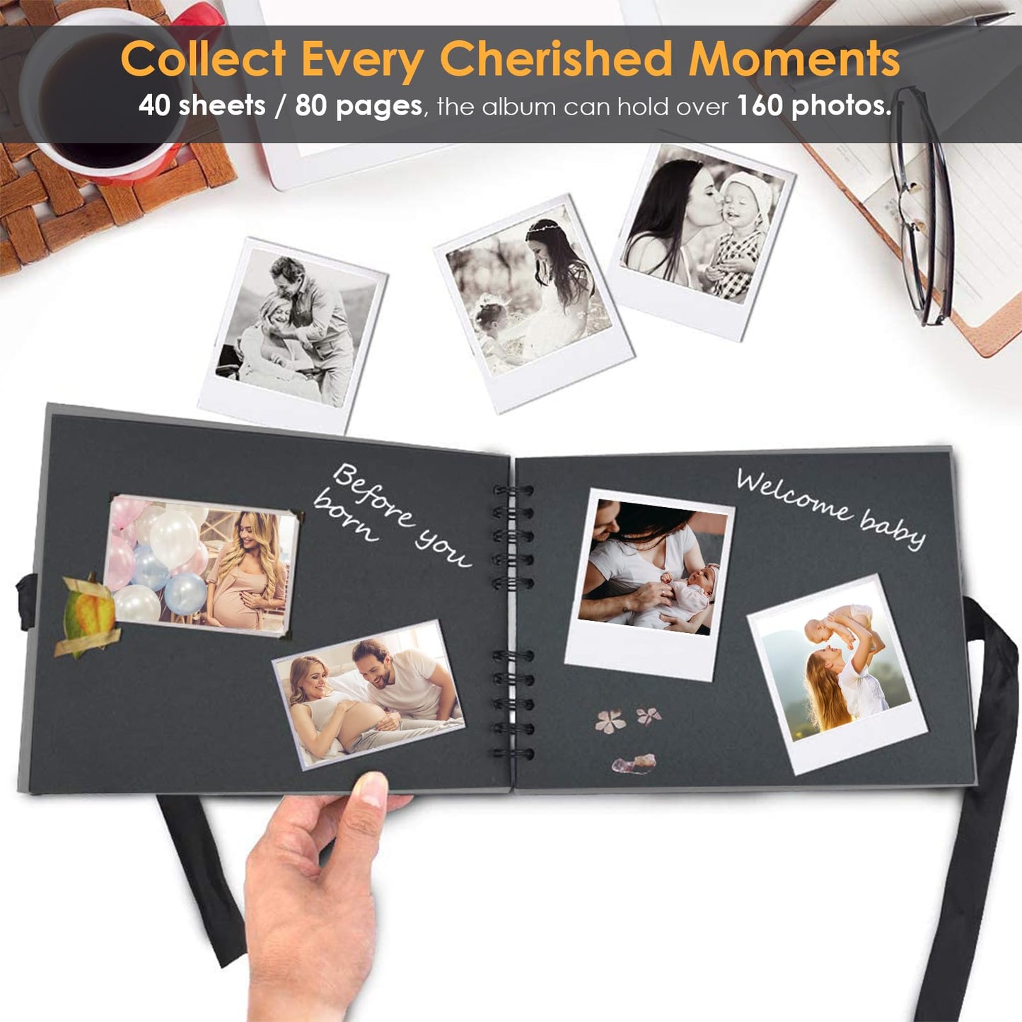 Photo album for self-design, scrapbook with 80 black pages for pasting photos, DIY gift scrapbooking set for baby family anniversary birthday valentine's day wedding with protective cones gray.