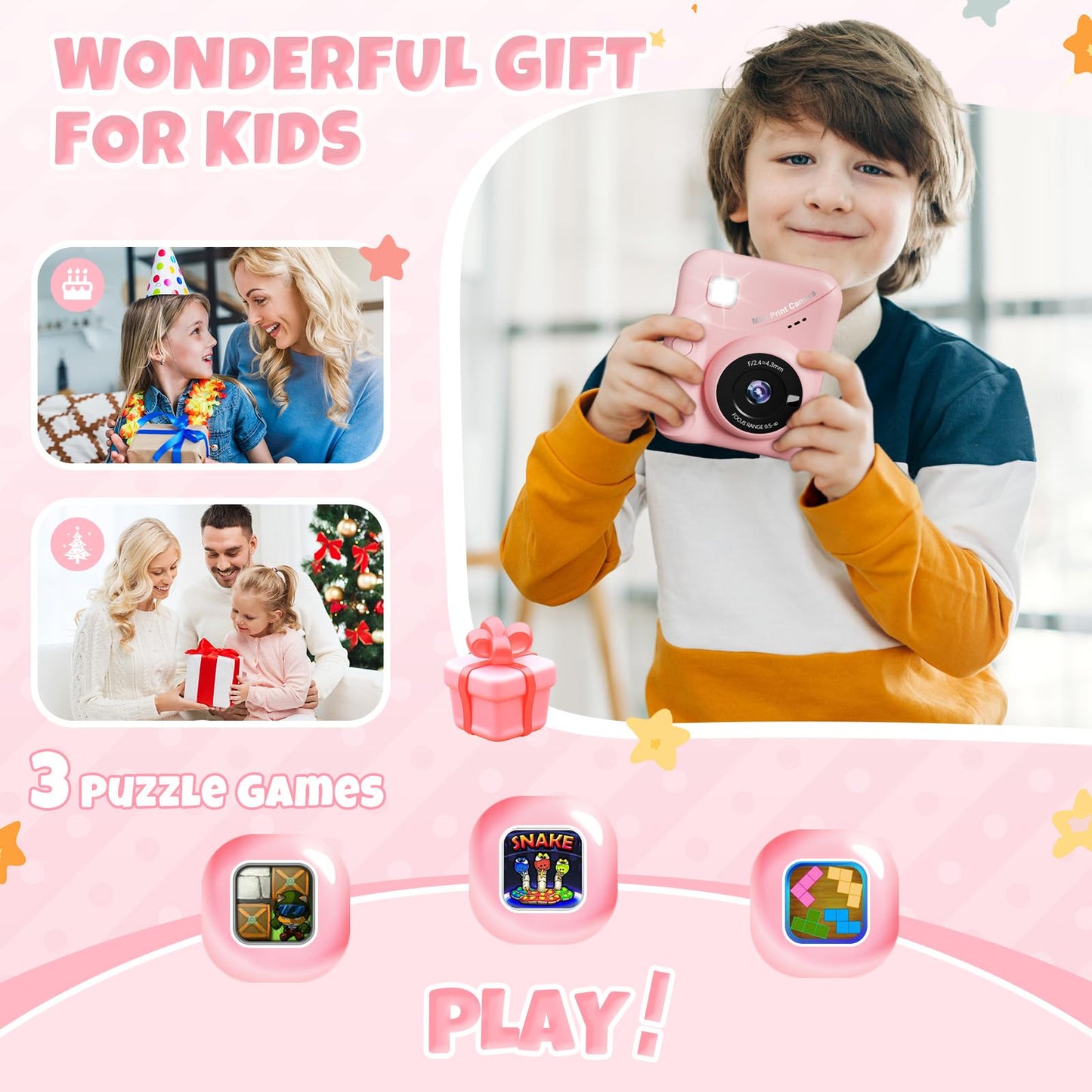 CalineGam instant camera for kids, 3.0 inch screen 48MP children's camera instant camera with 32GB card, 1080P HD camera kids instant print, gift for 3-12 boys and girls (pink)