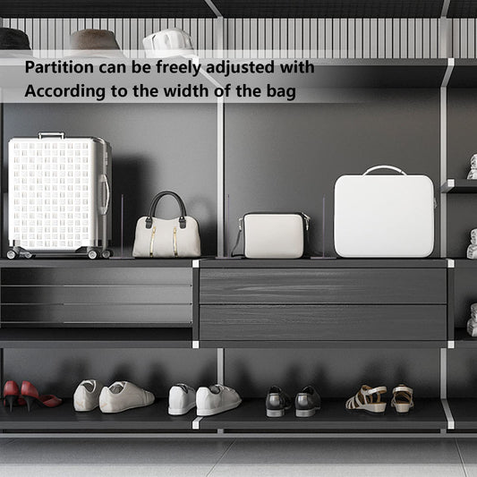 5 transparent plastic shelf dividers for cabinets, perfect for handbags, wallets, clothing, and more. Removable and ideal for organizing bedroom, kitchen, or office cabinets.