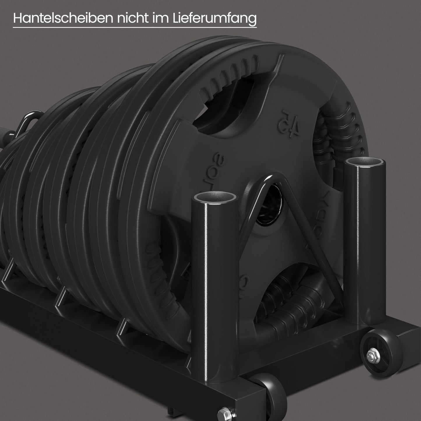 Yaheetech weight plate storage rack with 4 slots and 2 barbell holders on wheels. Supports up to 300 lbs of weight.