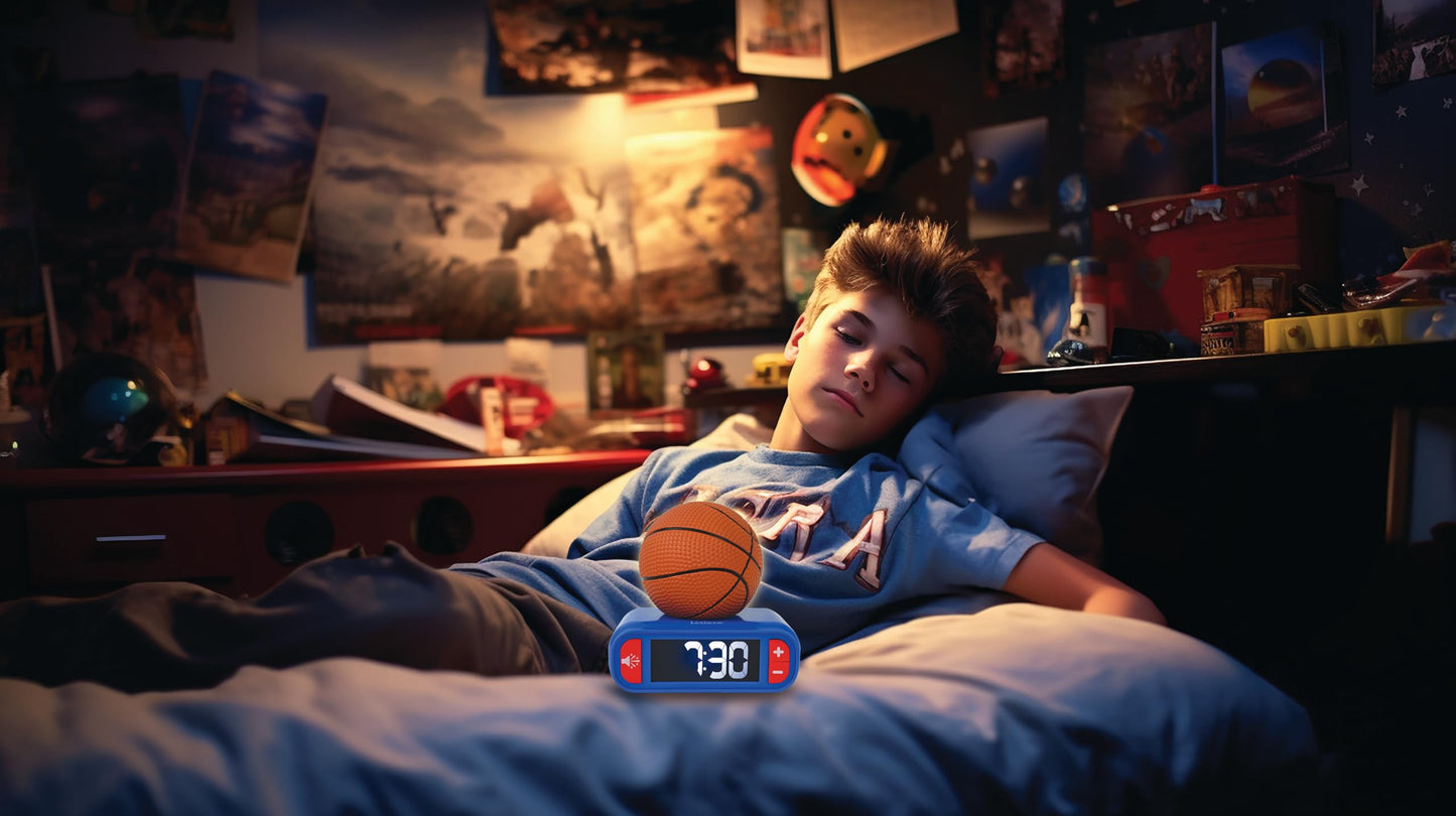 Lexibook, basketball, basketball night light alarm clock, sounds and melodies, LCD screen with backlight, illuminated, snooze, blue/orange, RL800BA.