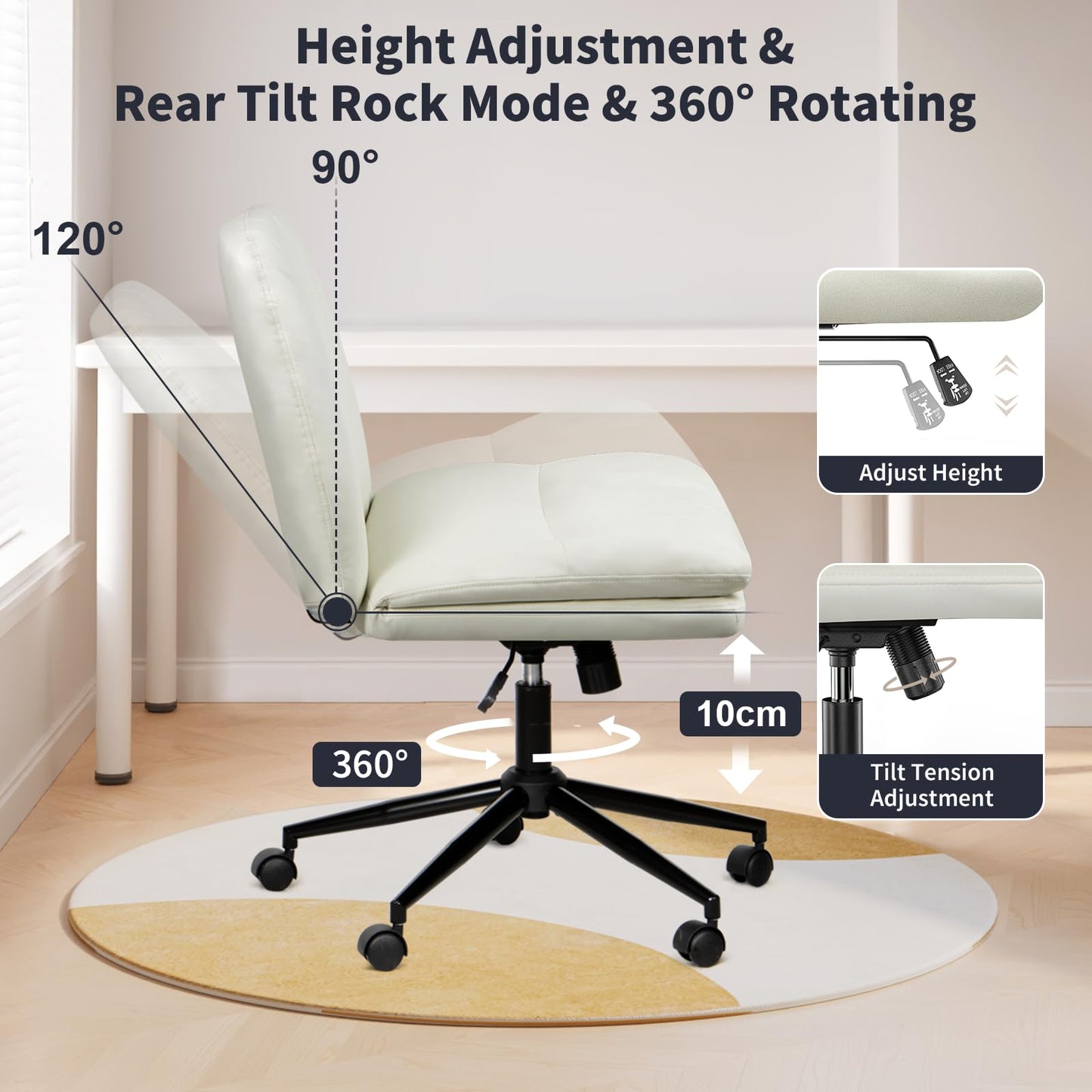 Naspaluro Office Chair Without Armrests, Desk Chair with PU Leather, Reading Chair with Wider Cushion for Cross-Legged Sitting, Rocking Function, Height Adjustable, 360° Swivel Chair for Home, Cream Color