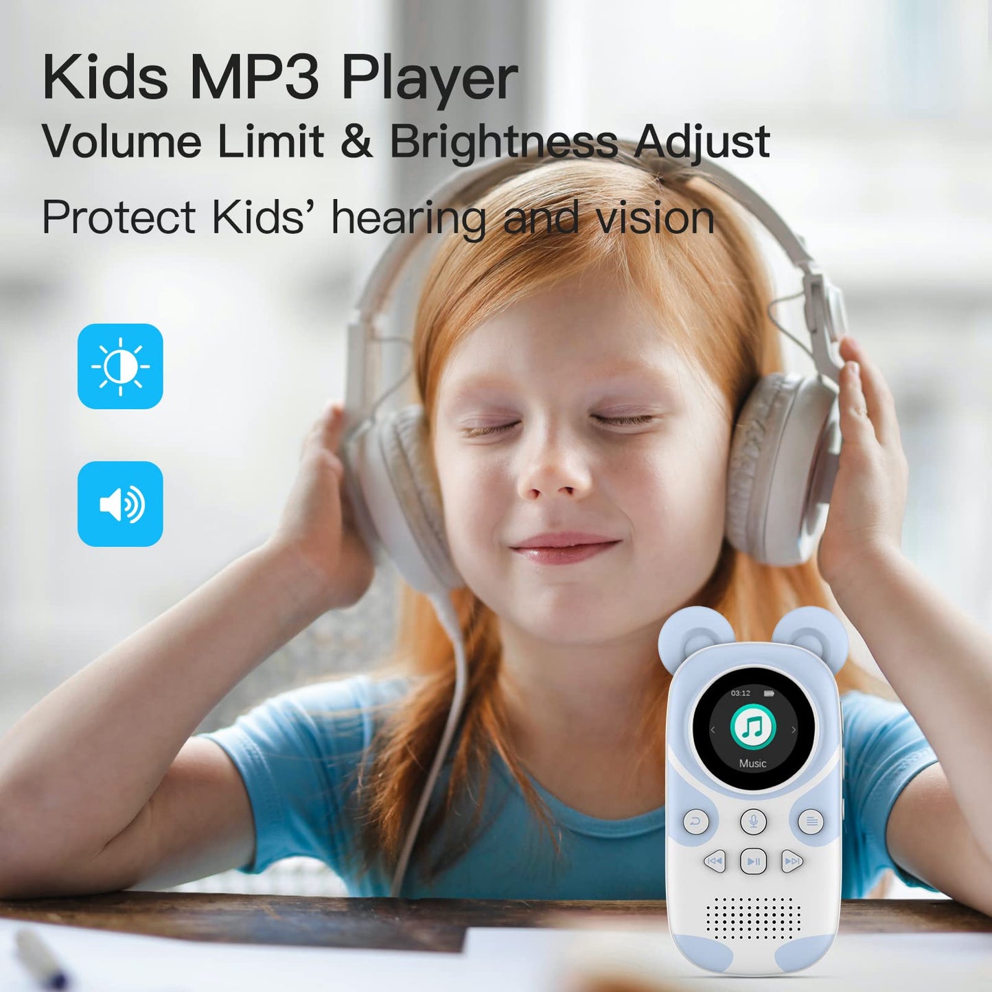RUIZU 64GB MP3 Player for Kids Bluetooth 5.3 with headphones speaker Supports FM radio, alarm clock, one-touch recording, stopwatch function.