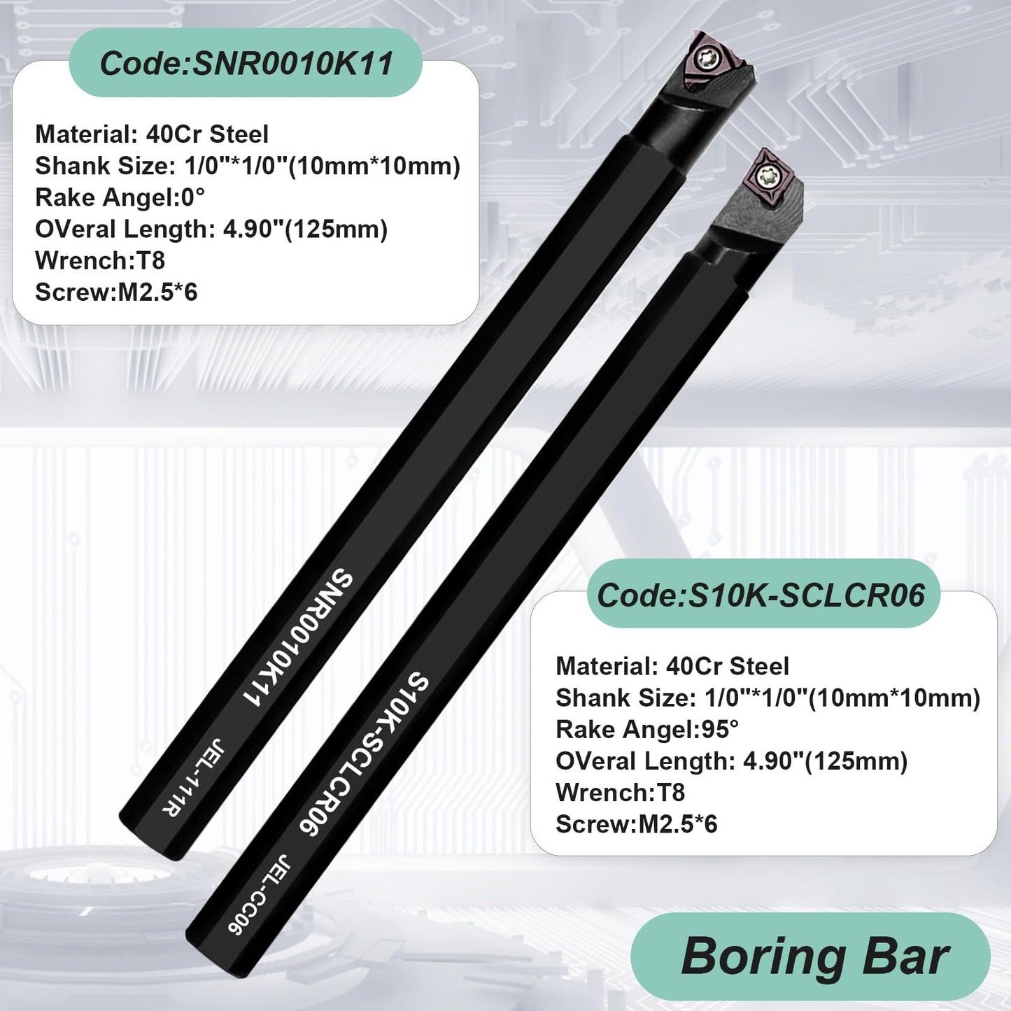 21 piece indexable turning tool set with boring bar, turning tool, and turning tool holder. Includes 7 turning tool holders, 7 carbide inserts, and 7 wrenches (10 mm).