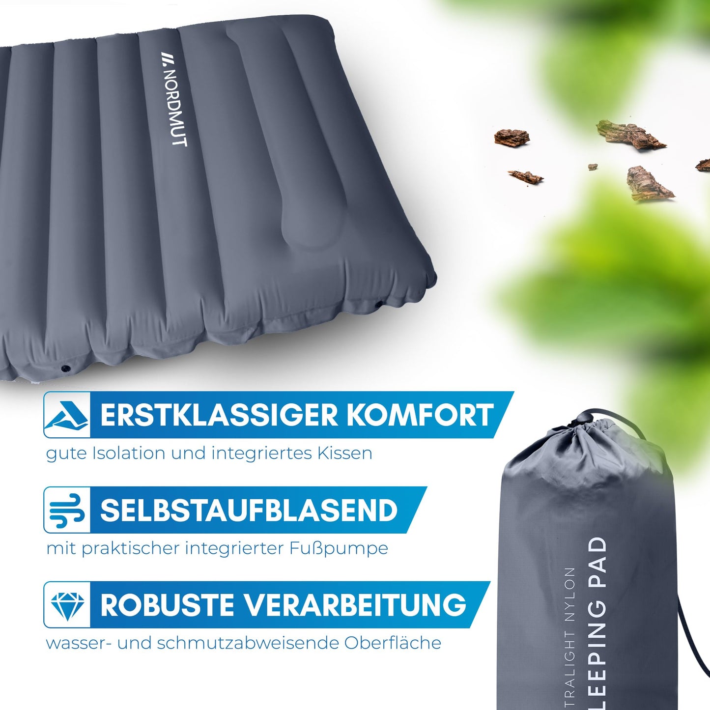 NORDMUT Self-Inflating Sleeping Pad 10cm - Camping Mat with small pack size - Self-Inflating Air Mattress for easy inflation - Camping Mattress Ultra comfortable (Dark Gray)