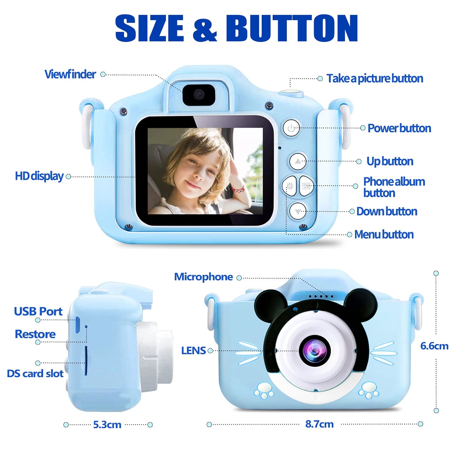 Kids camera, mini digital camera, rechargeable, camcorder, photo and video, gift for girls and boys ages 6+, with 32GB card/1080P HD/silicone protective case, shockproof (blue)