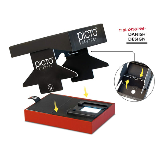PictoScanner - Scan and save your 24x36 mm negatives and slides with your smartphone camera. The foldable and convenient scanner is made of sturdy cardboard and equipped with LED lights.