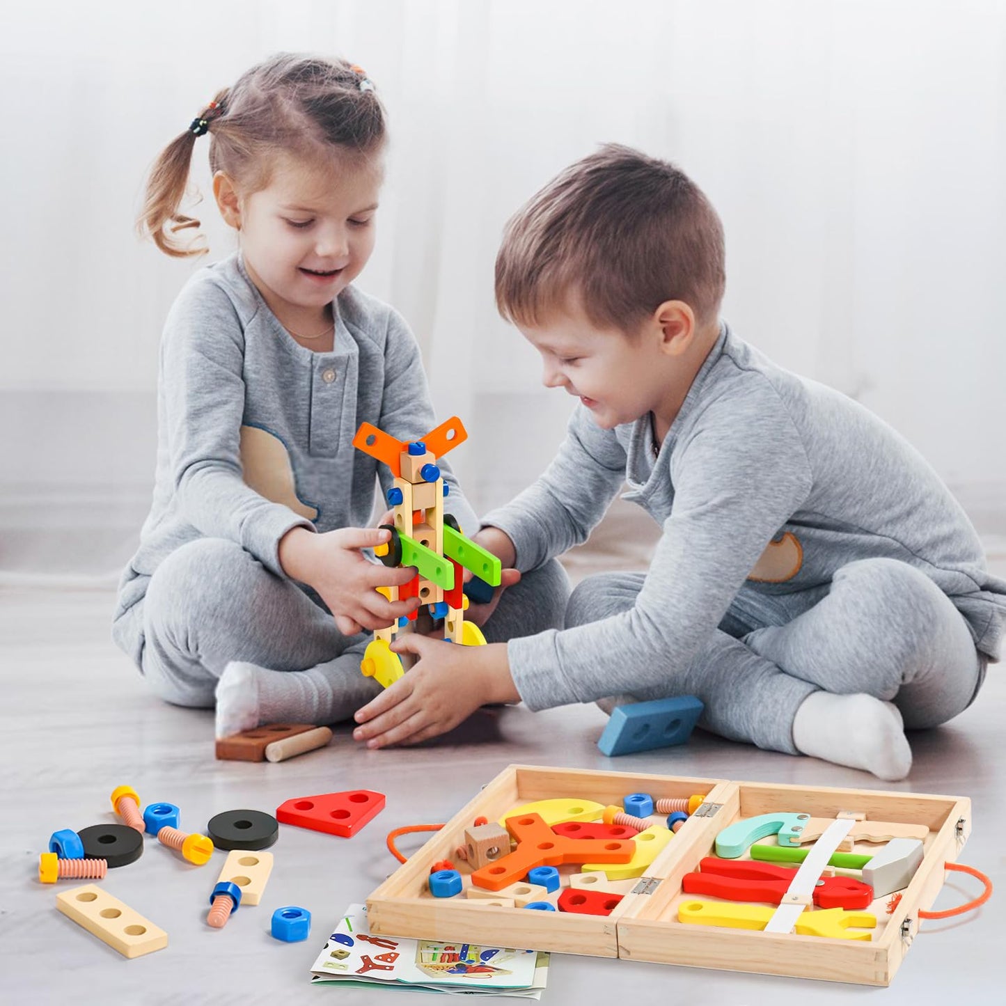 Rtomry Toys for Ages 3+ Tool Set for Kids Montessori Toys for Ages 3+ Boys Girls Wooden Role Play Toolbox Gifts for Kids