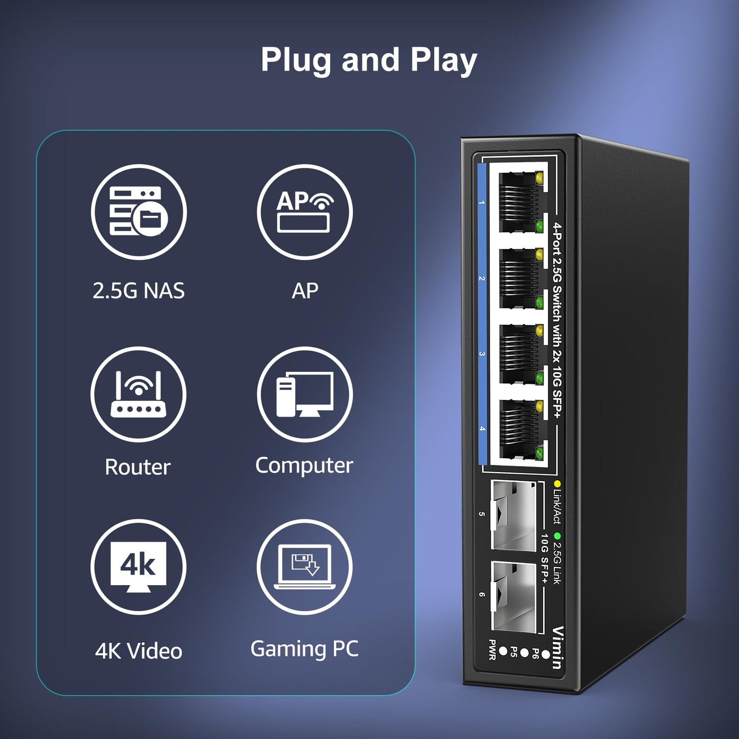 6 Port 2.5G Unmanaged Network Switch, VIMIN 4X 2.5Gbase-T Ports, 2X 10G SFP+ Port, 60Gbps Switching Capacity, IEEE802.3, Metal Housing, Fanless, suitable for 2.5Gbps NAS, Wireless AP & PC.