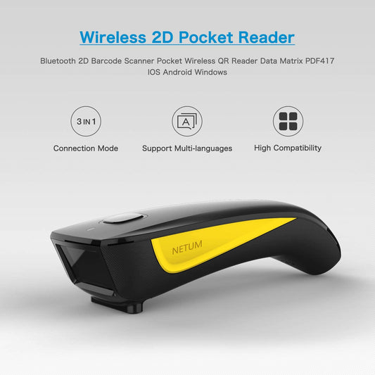 NETUM C750 Wireless Barcode Scanner Bluetooth Compatible Small Pocket USB 1D 2D QR Code Scanner for Inventory, Barcode Image Reader for Tablet iPhone iPad Android iOS PC POS.