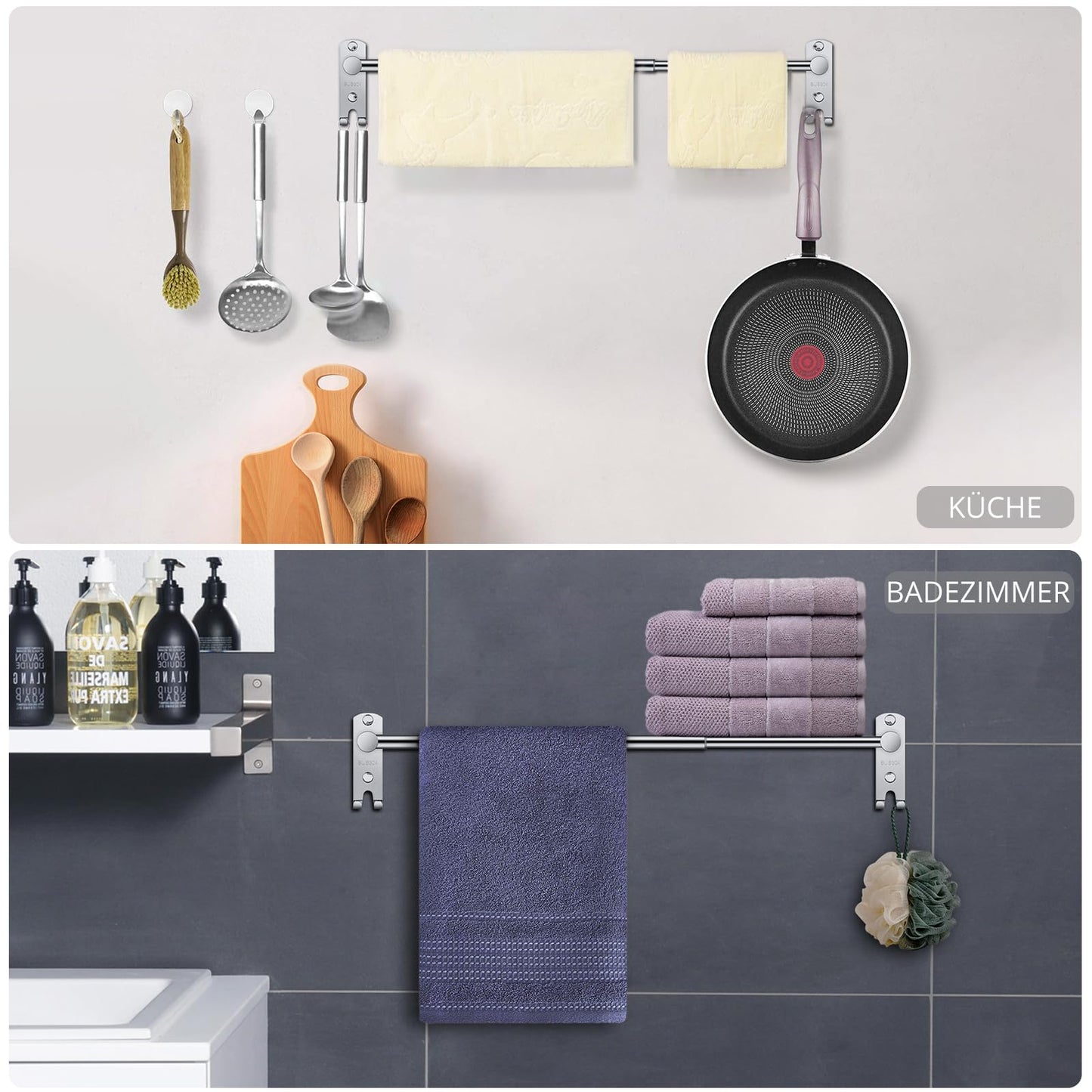 TANiCE 40-70cm double towel bar adjustable stainless steel self-adhesive towel rack wall mounted bath towel holder bracket wall for bathroom