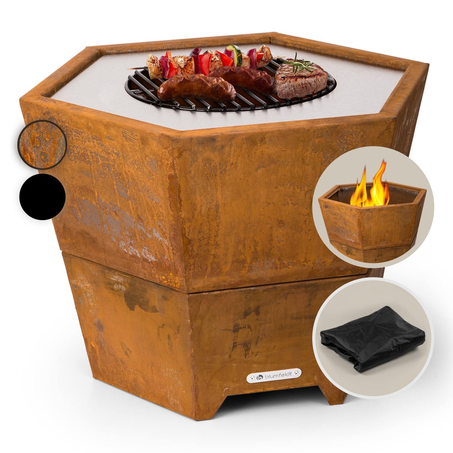 Blumfeldt fire bowl with grill grate, outdoor steel fire bowl large for balcony & camping, portable fire bowl 60 cm, fire bowl with stand, weatherproof fire bowl, hexagonal fire pit