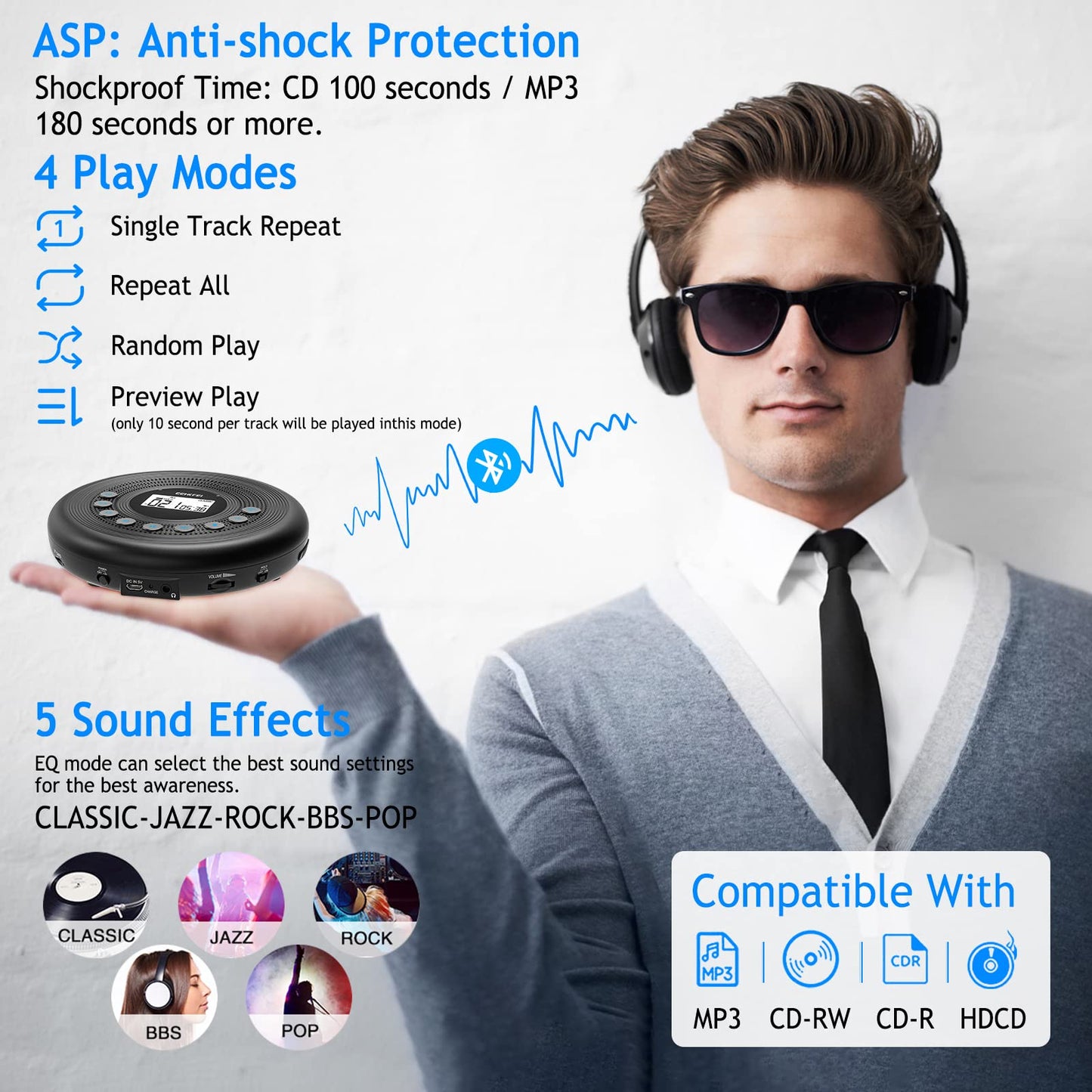 Portable CD Player Bluetooth with speakers, rechargeable 1400mAh portable CD player with shockproof/anti-skip protection, headphones and AUX cable, for car, home & travel.