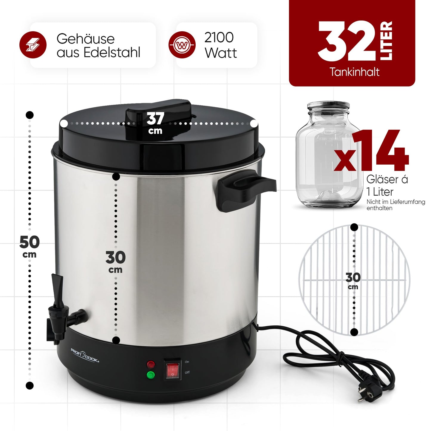 ProfiCook® 2in1 Hot Beverage & Canning Appliance | 32L Tank | Keep Warm Function | Timer | 2100W | 30°C - 100°C | Stainless Steel Canning Pot | Hot Beverage Dispenser with Tap | PC EKA 1283