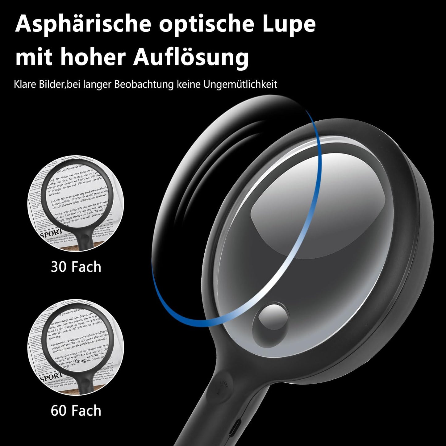 LED Lighted Magnifying Glass - Reading magnifier with light for seniors Large 3 light modes USB rechargeable Illuminated magnifying glass with 20 LEDs Lightweight Magnifying glass with eyeglass cloth Handheld magnifier for visual impairment (Black)