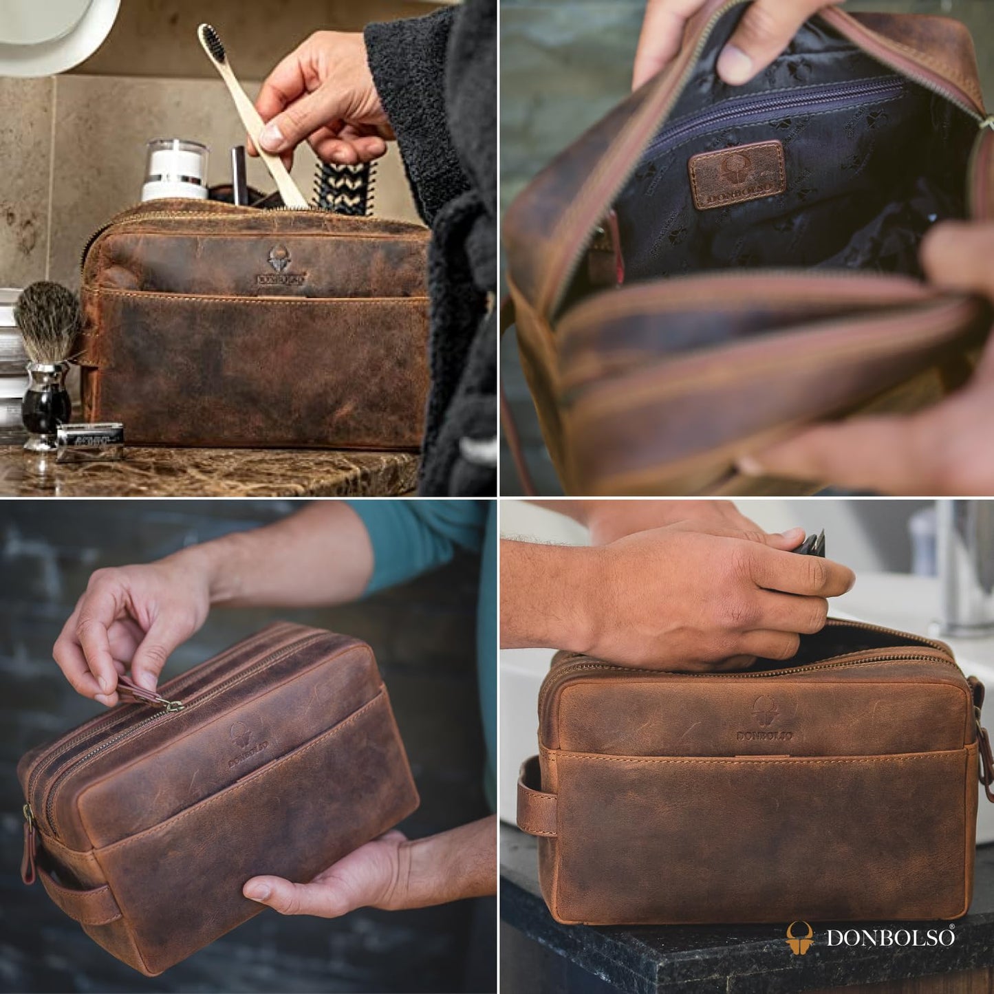 DONBOLSO Culture Bag Stockholm - Leather Cosmetic Bag for Women and Men - Genuine Leather Travel Toiletry Bag and Bath Bag - Practical Makeup Bag with plenty of storage space - Vintage Brown, 15x13x25 cm