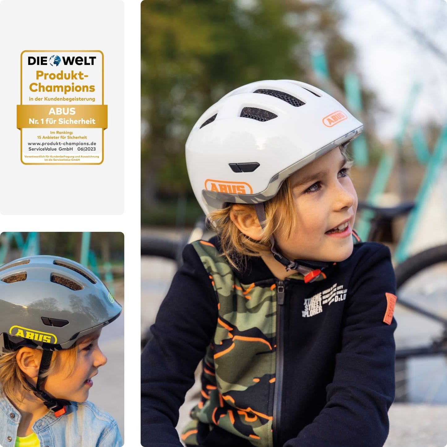 ABUS Children's Helmet Smiley 3.0 LED - bike helmet with light - deep fit & space for a ponytail - for girls and boys - Light blue with rainbow pattern, size M