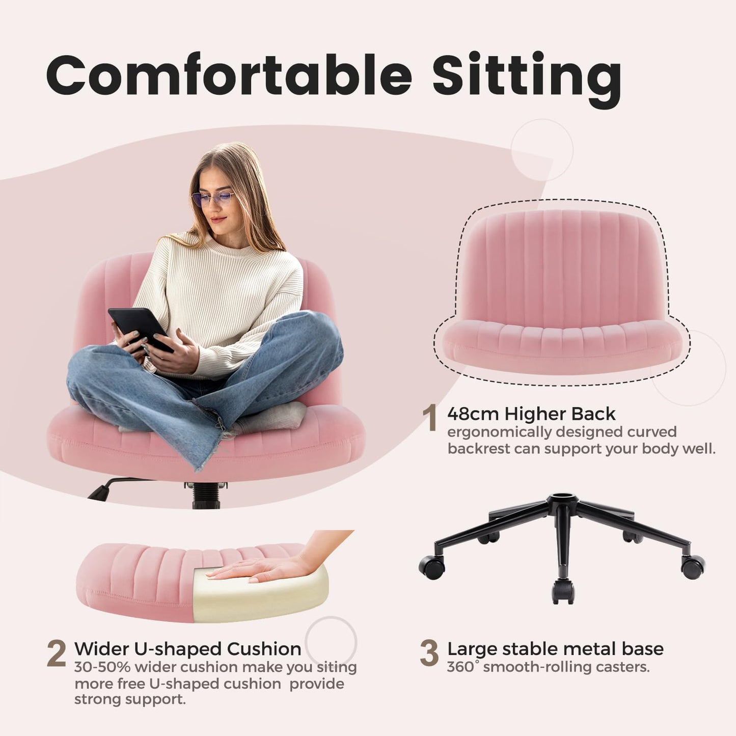 IWMH office chair without armrests, height adjustable swivel chair with wheels, desk chair with fabric upholstery, reading chair with wider cushion for sitting cross-legged (Pink with wheels).