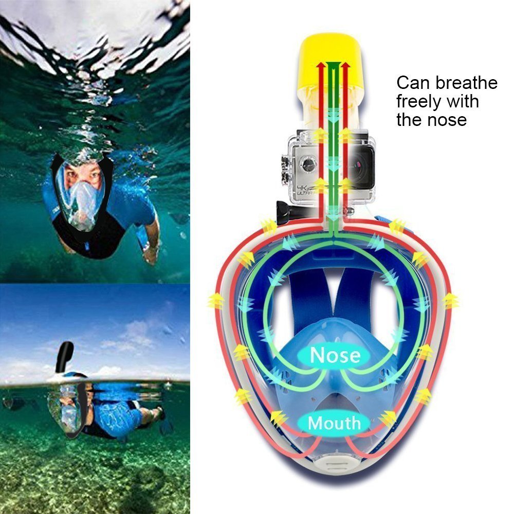 Flyboo Full Face Snorkel Mask, 180° panoramic view, compatible with sport cameras. Suitable for adults and kids.