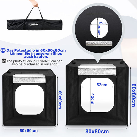 Yorbay photo studio set 80 x 80 x 80cm CRI 95+ LED lightbox light cube professional photography light tent incl. 4 PVC background sheets (black, white, gray, warm white) Reusable
