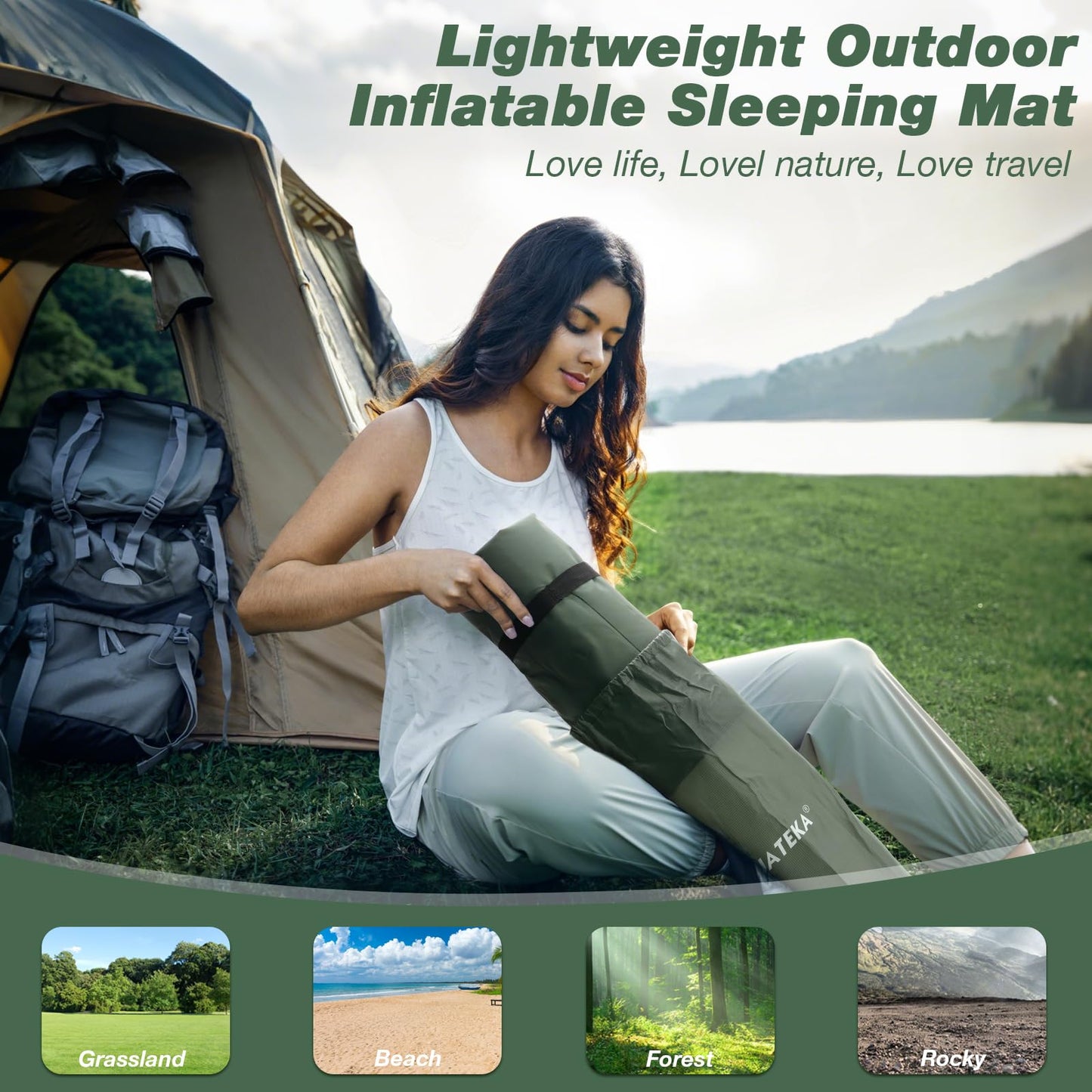 Self-inflating sleeping mat, JATEKA inflatable mat for 2 people for camping. Sleeping mat with pillow & foot pump. Compact lightweight air mattress for camping, backpacking, hiking, and travel tent.