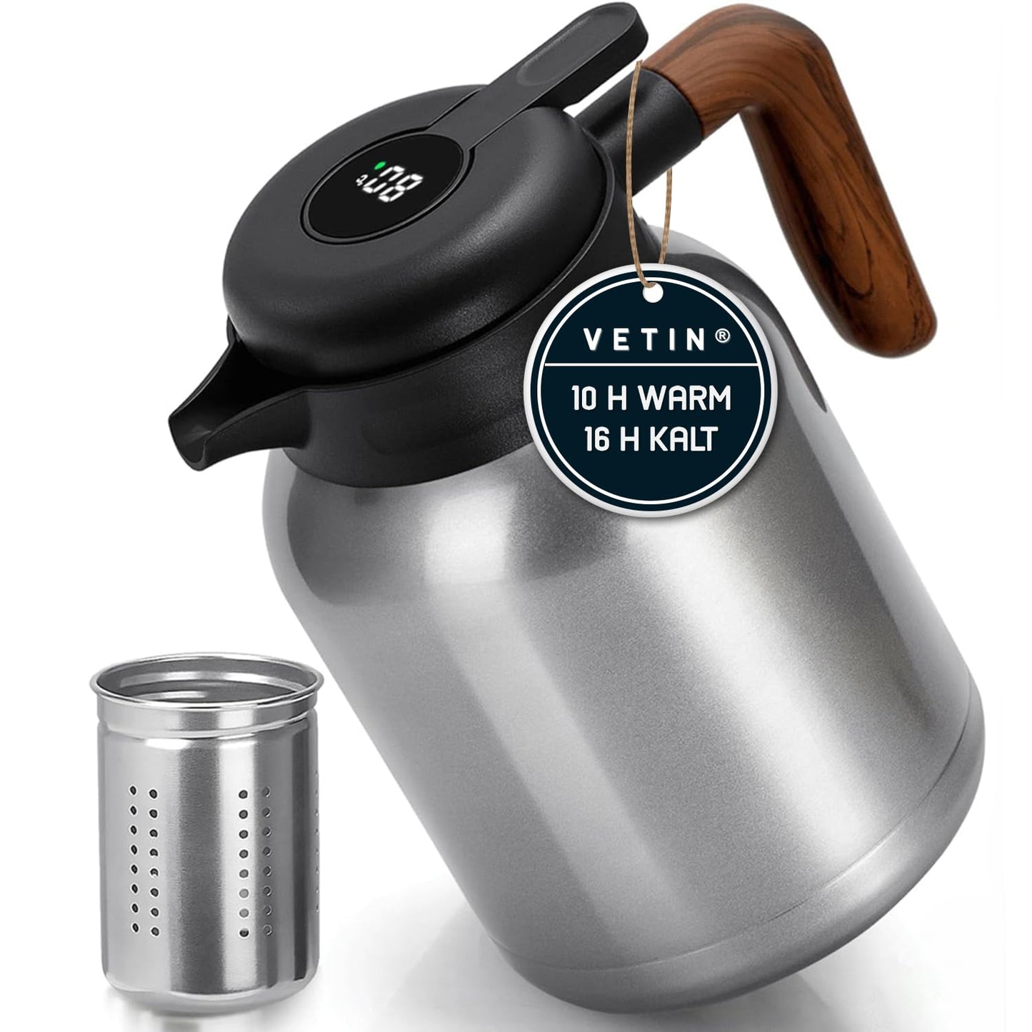 VETIN Thermos Flask with Tea Infuser 1.5L, Double-Walled Insulated Flask made of 304 Stainless Steel, Thermal Tea Pot with Temperature Display, Thermal Coffee Pot keeps hot for 10h/cold for 16h.