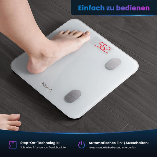 REPHO digital bathroom scale with Bluetooth, high-precision sensors, smart scale measuring body fat and muscle mass up to 180 kg/400 lbs.