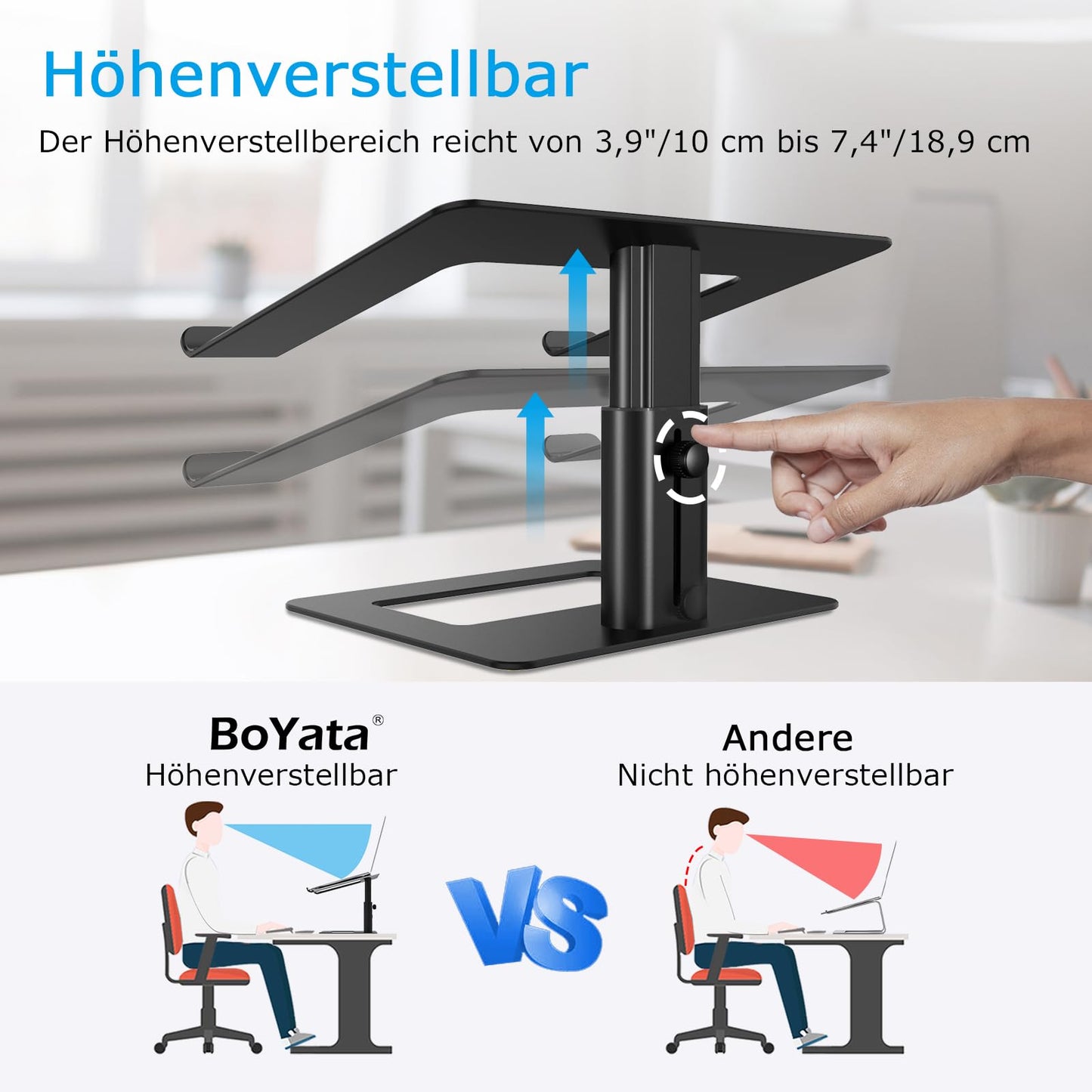 BoYata Laptop Stand, Height Adjustable Laptop Riser, Ventilated Aluminum Notebook Holder for Desk, Compatible with 10-17'' Laptop.