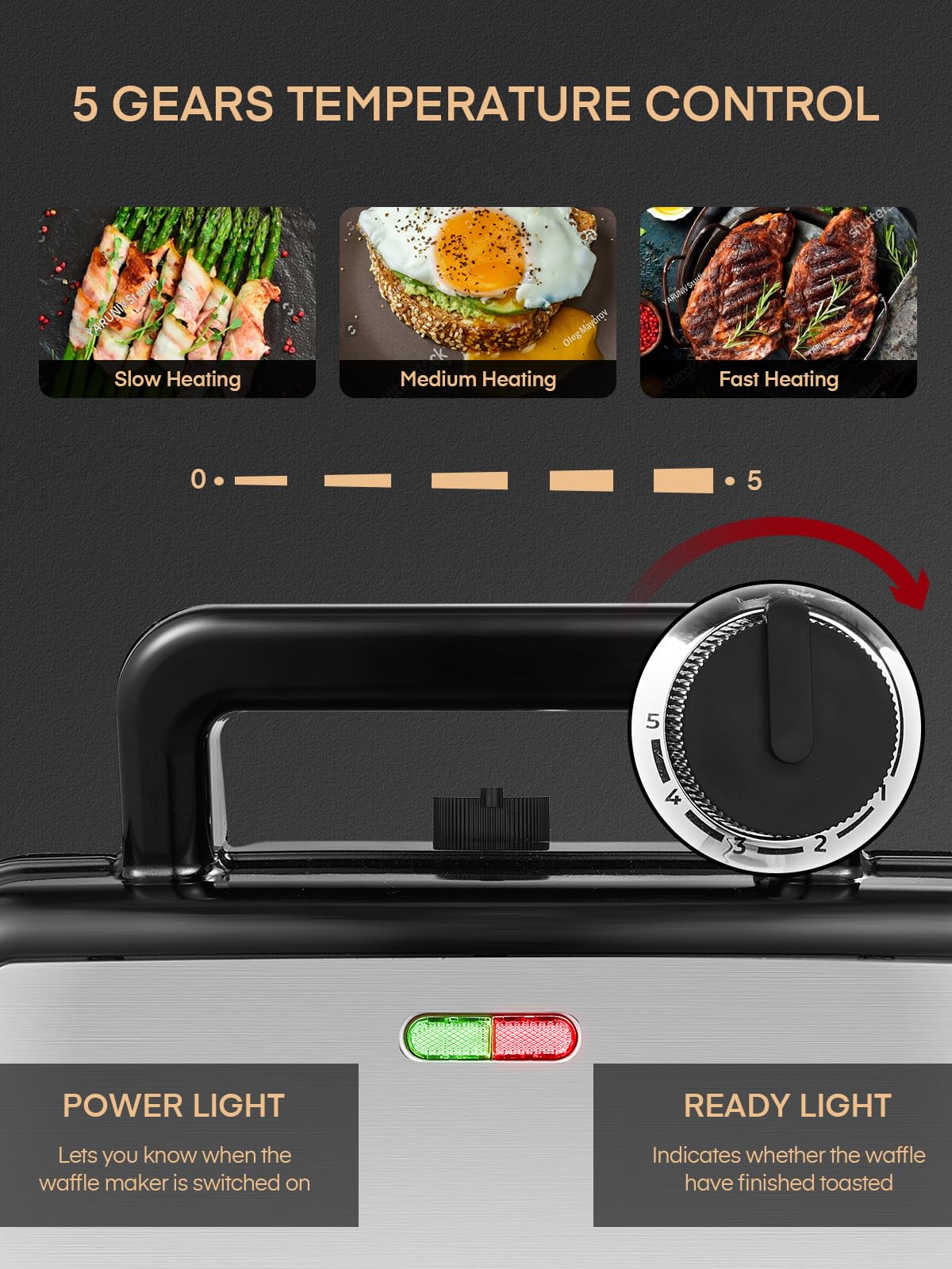 1200W 3 IN 1 Sandwich Maker, 5-level temperature control waffle maker sandwich toaster contact grill with non-stick coating for easy cleaning without burnt-on food, LED lights, stainless steel/black