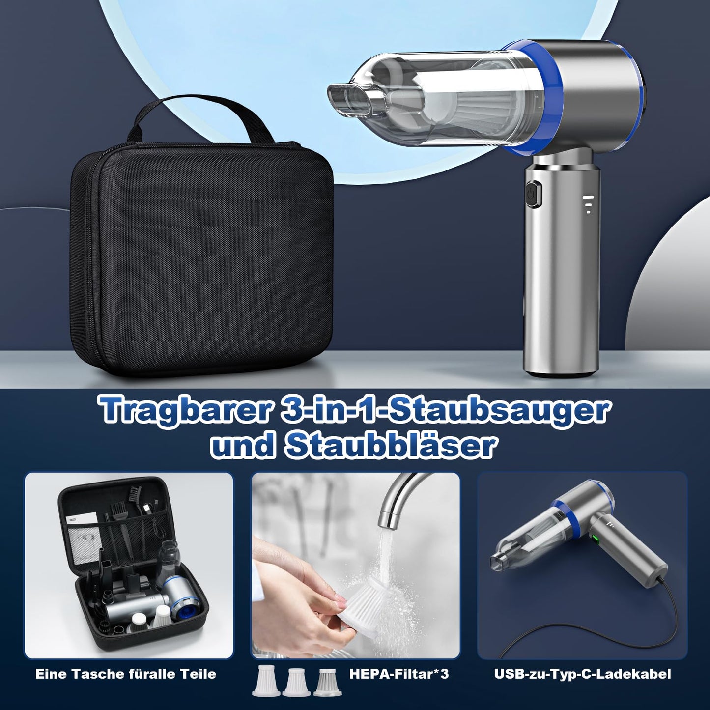 Handheld Cordless Vacuum, 3-in-1 Handheld Vacuum, 25000PA Strong Car Vacuum, 3-Speed 220000 RPM Handheld Vacuum, Cordless Mini Vacuum for Car, Kitchen, PC, Sofa, Office, Home & Pet Hair Cleaning.