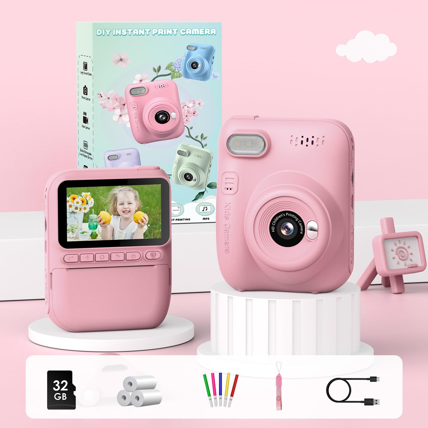 GREENKINDER Instant Camera for Kids, 14MP 3.0 Inch Screen Kids Camera Instant Camera with 32G Card, Printing Paper & Colored Pens, 1080P Kids Camera Instant Print, 3-12 Years