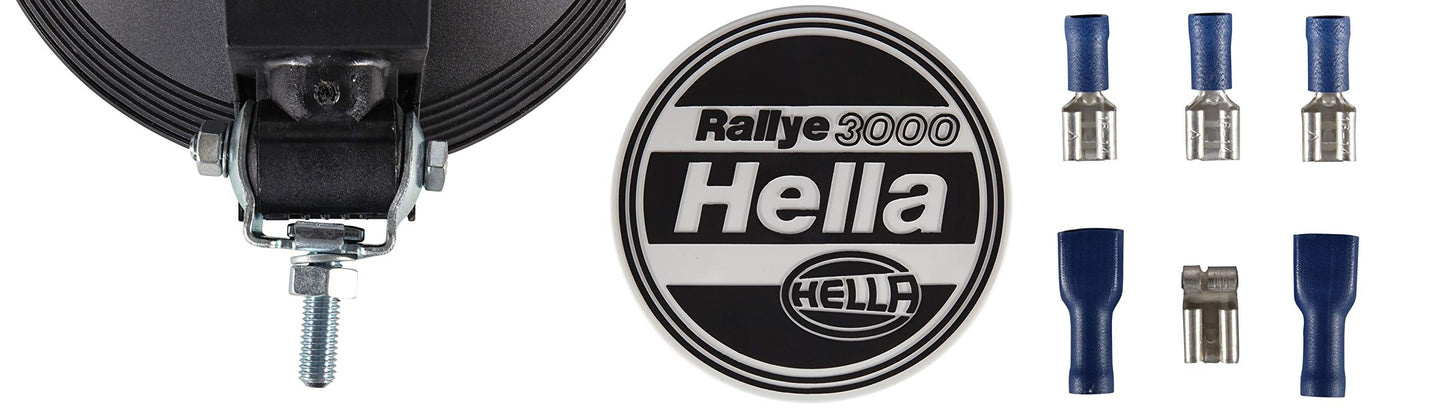 HELLA Rallye 3000 Round Auxiliary Lights 12V - 24V Halogen 24W with ECE approval, with cap. High beam headlights for trucks, SUVs, pickups, off-road 4x4 vehicles - 1F8 006 800-051.