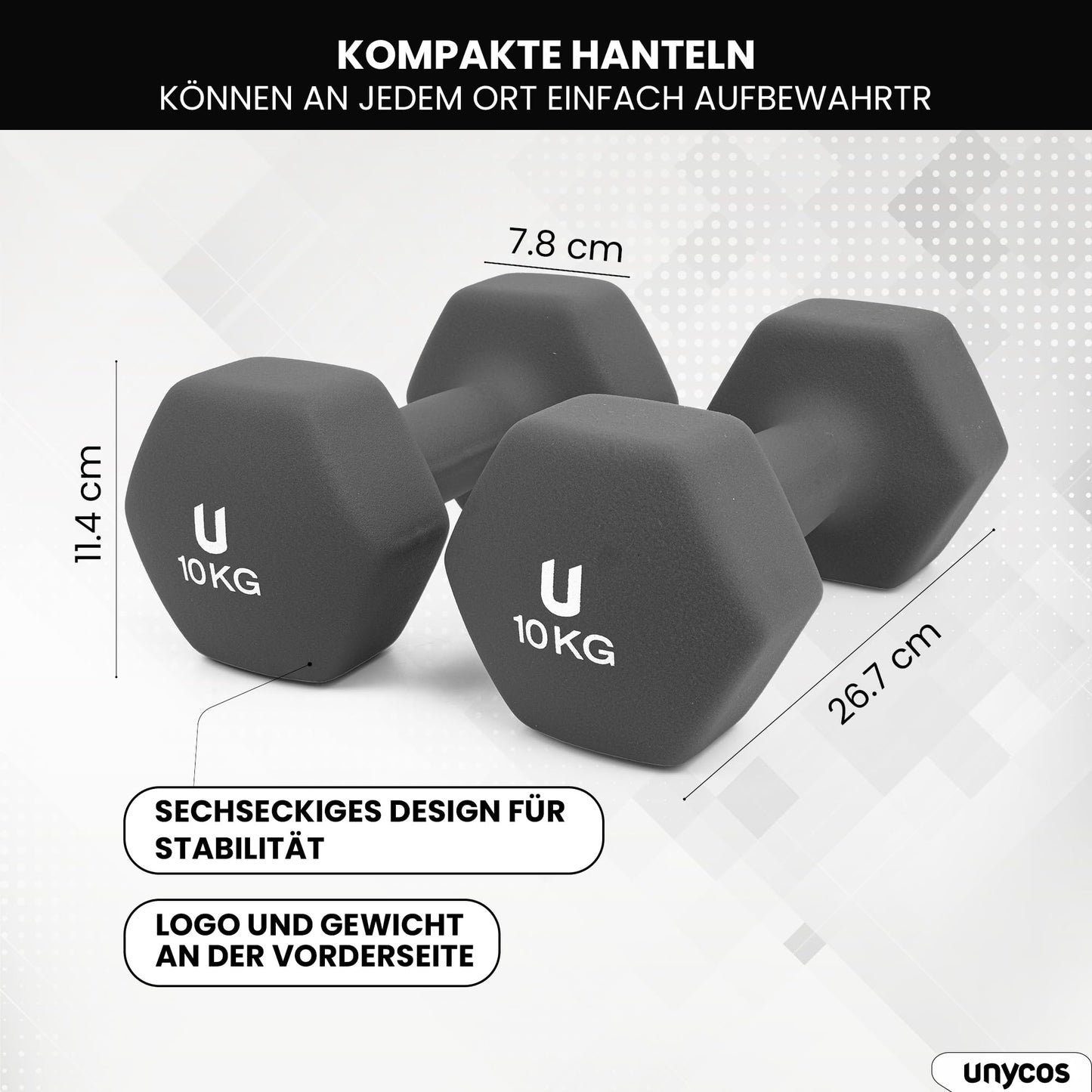 unycos - Neoprene dumbbells【2 sets, 10 kg】Hexagon dumbbells, Non-slip for women and men, Anti-roll design, Gym, Strength training, Pilates, Home fitness equipment (Dark grey)