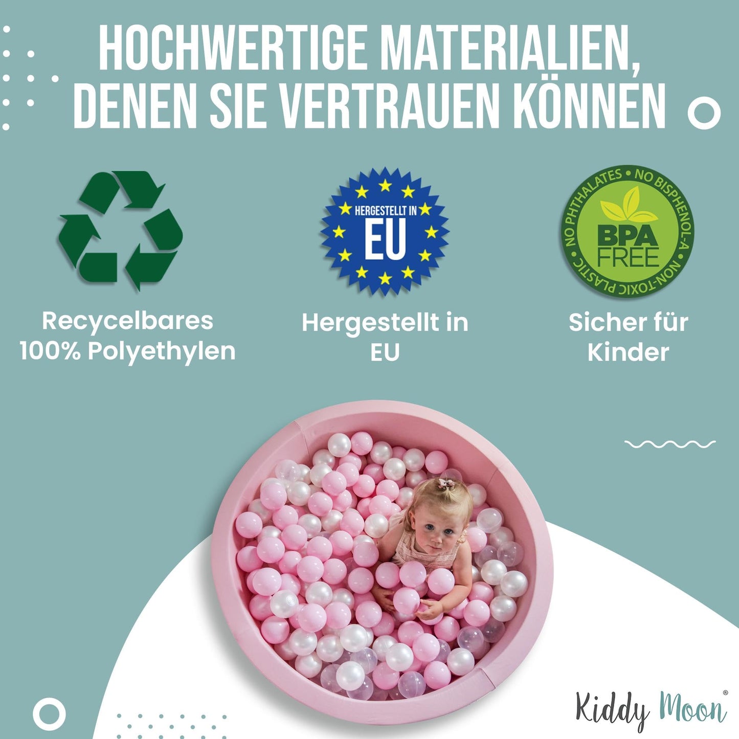 KiddyMoon 700 ∅ 7cm Children Balls Play Balls for Ball Pit Baby Plastic Balls Made in EU, Transparent/Silver/Pearl/Baby Blue