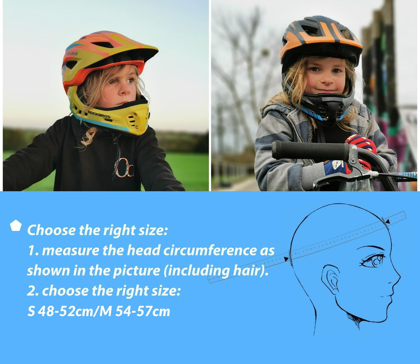 ROCKBROS Kids Helmet Integrated Bicycle Helmet for Kids Youth Fullface Helmet with Removable Chin Guard BMX MTB Downhill Helmet, Blue S 48-52cm